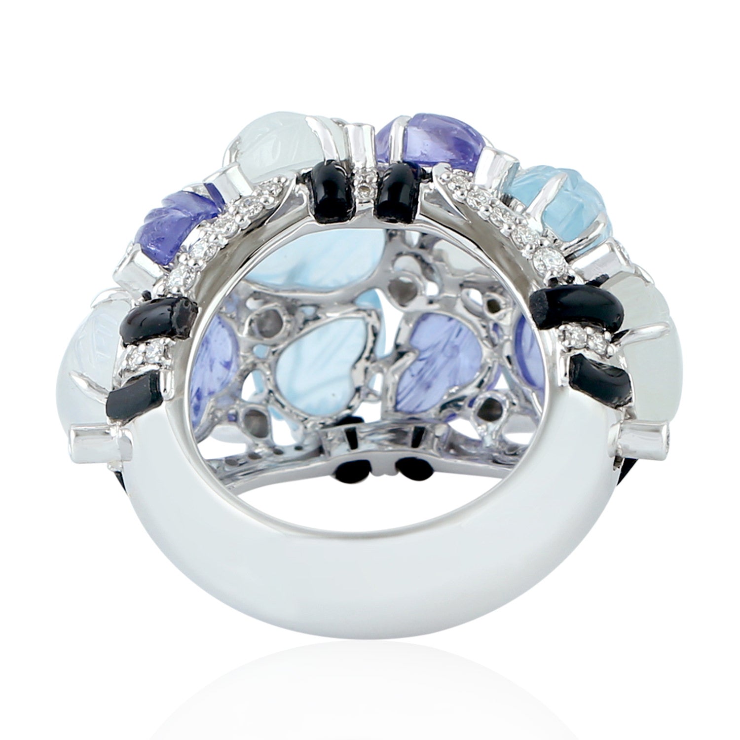 Exquisite White Gold Diamond Band Ring with Carved Topaz, Tanzanite, Moonstone & Onyx Gemstones – Perfect for Weddings, Anniversaries & Special Occasions