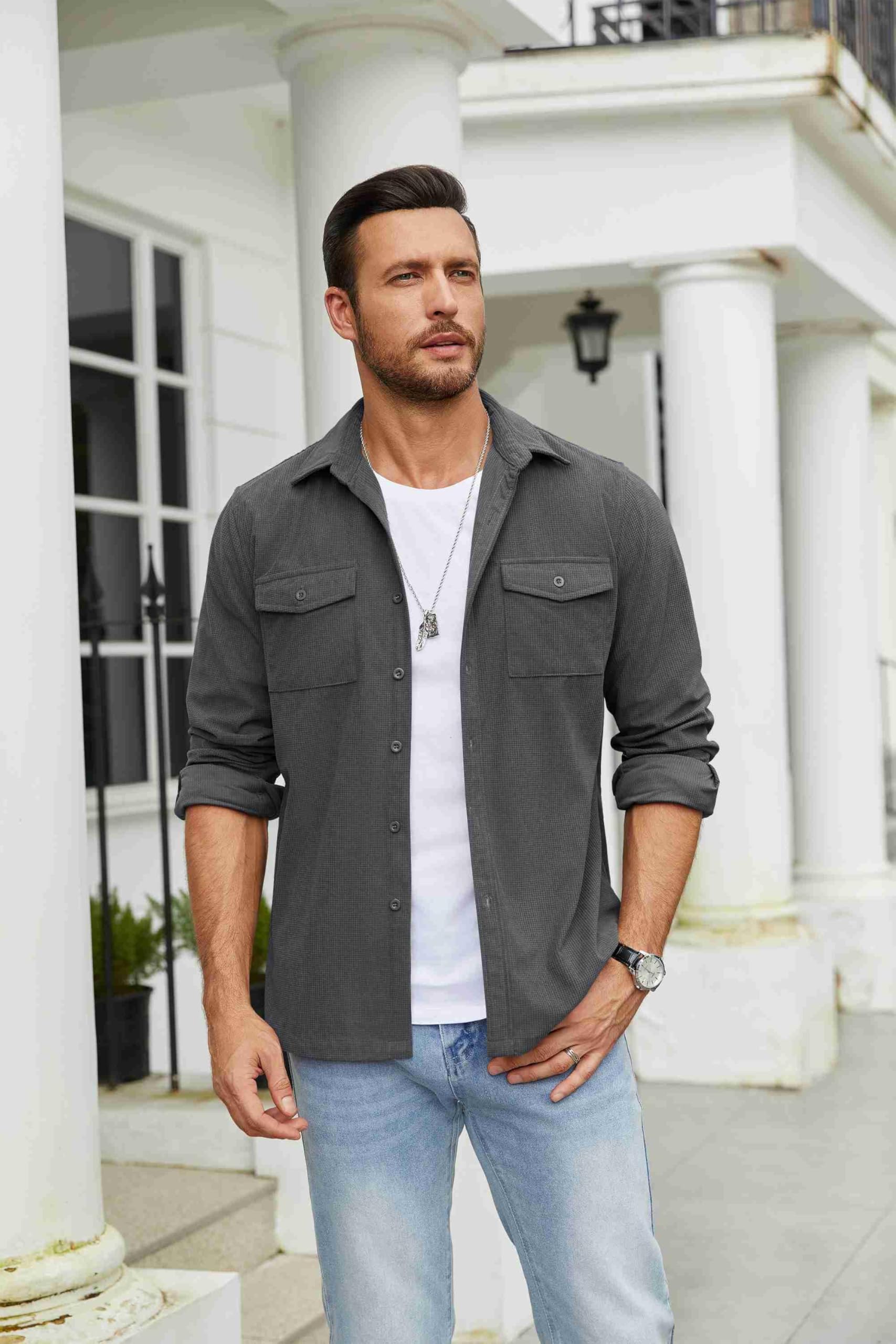 COOFANDY Men's Lightweight Waffle Shirt Jacket - Casual Button Down Long Sleeve Shacket with Flap Pockets | Perfect for Outdoor Activities, Work & Everyday Wear