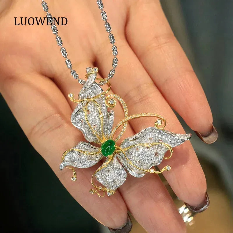 18K White & Yellow Gold Diamond & Natural Emerald Butterfly Pendant Necklace for Women - Luxury High Jewelry Gift for Anniversary, Birthday & Special Occasions