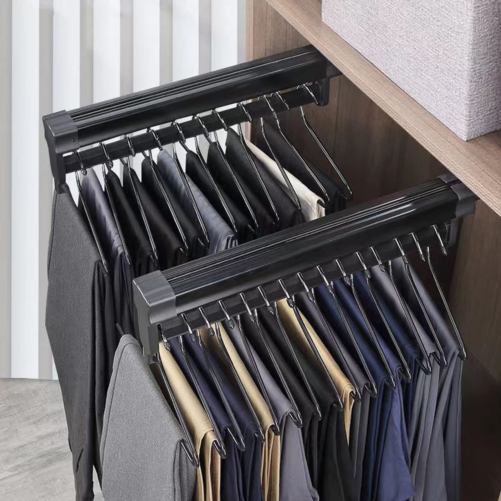 Pull-Out Closet Valet Rod - Black Extendable Wardrobe Hanger for Clothes & Pants | Retractable Double Ball Sliding Rail with 30kg Weight Capacity | Perfect for Closet Organization, Bedroom Storage & Space-Saving Solutions