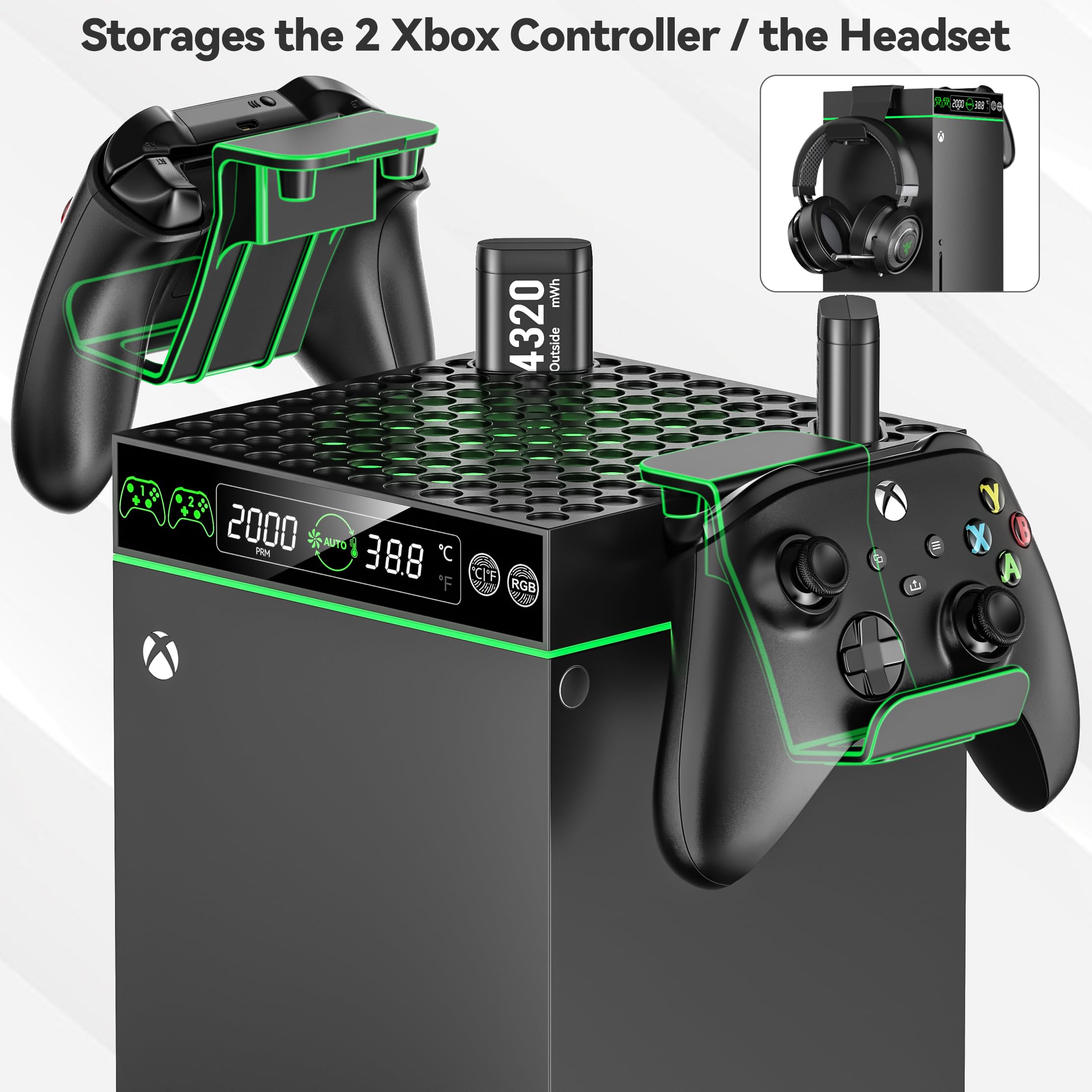 Xbox Series X/S Cooling Fan with Auto Adjustable System - 2 Pack Rechargeable 4320mWh Battery, Built-in Cooling Fans, Controller & Headset Holders - Perfect for Gaming Marathons & Hot Weather Play