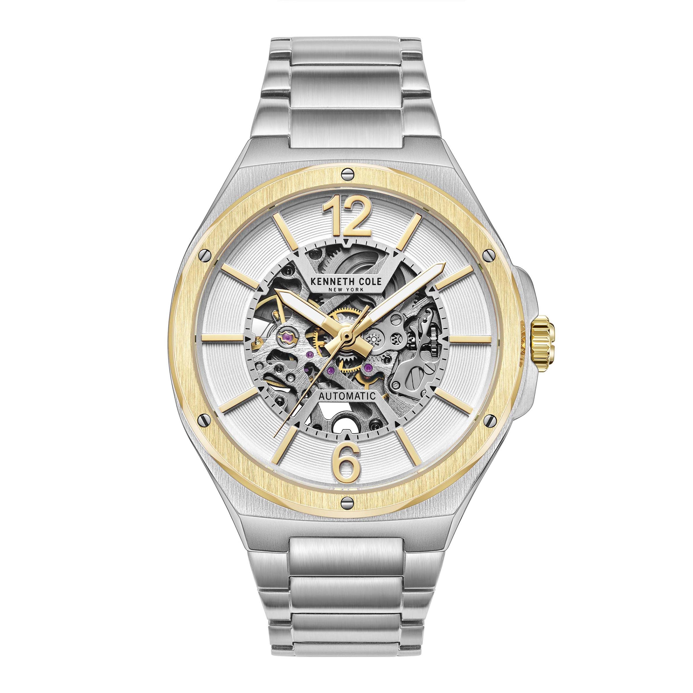 Kenneth Cole New York Men's Two-Tone Automatic Watch - Silver & Gold Skeleton Dial Stainless Steel Bracelet 43.5mm | Water Resistant Dress Watch for Business, Formal & Casual Wear