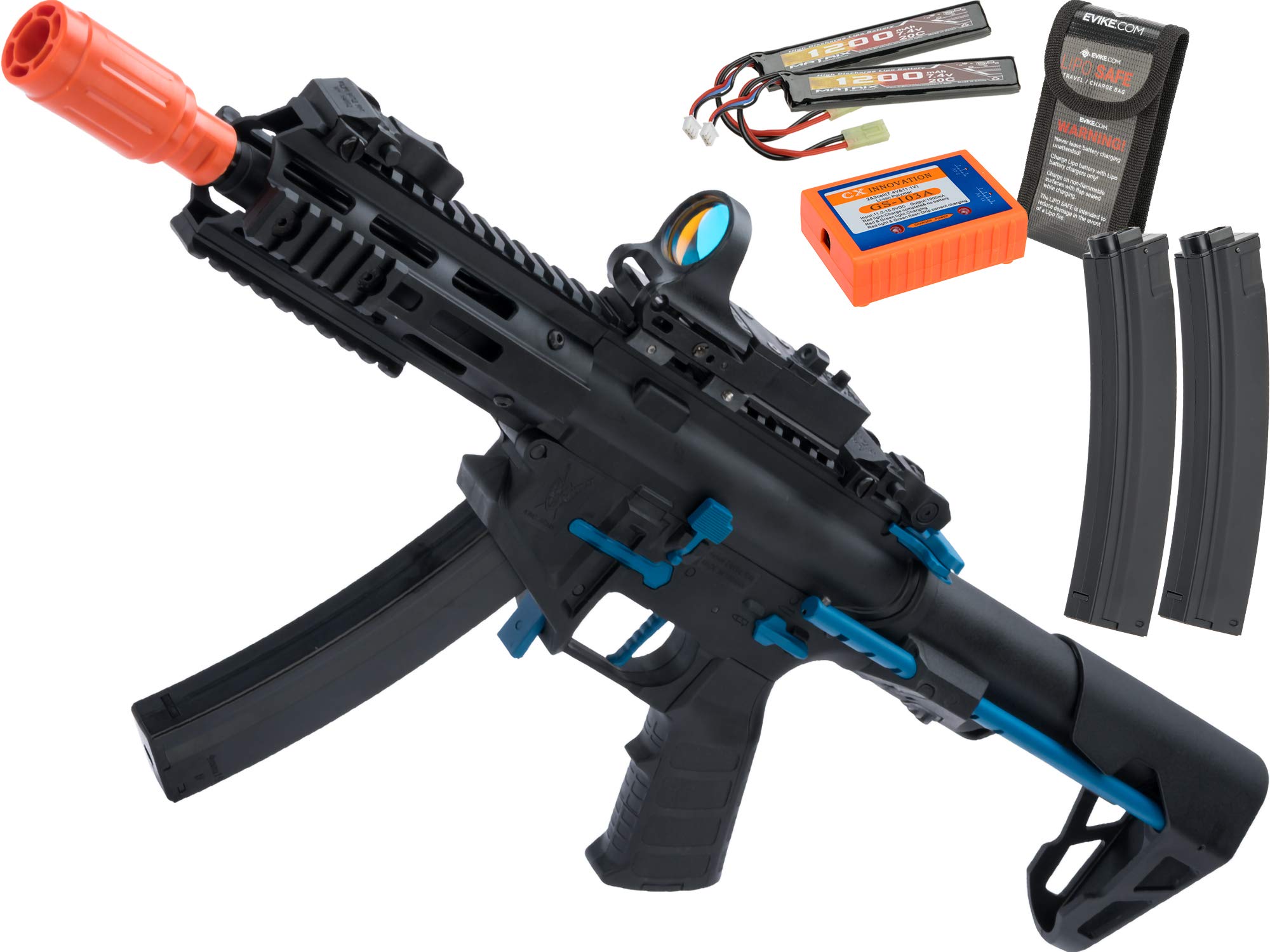 King Arms PDW 9 SBR AEG Airsoft Rifle - Black & Blue | M-LOK Rail System | Complete Go Airsoft Package | Perfect for Tactical Training & Outdoor Airsoft Battles