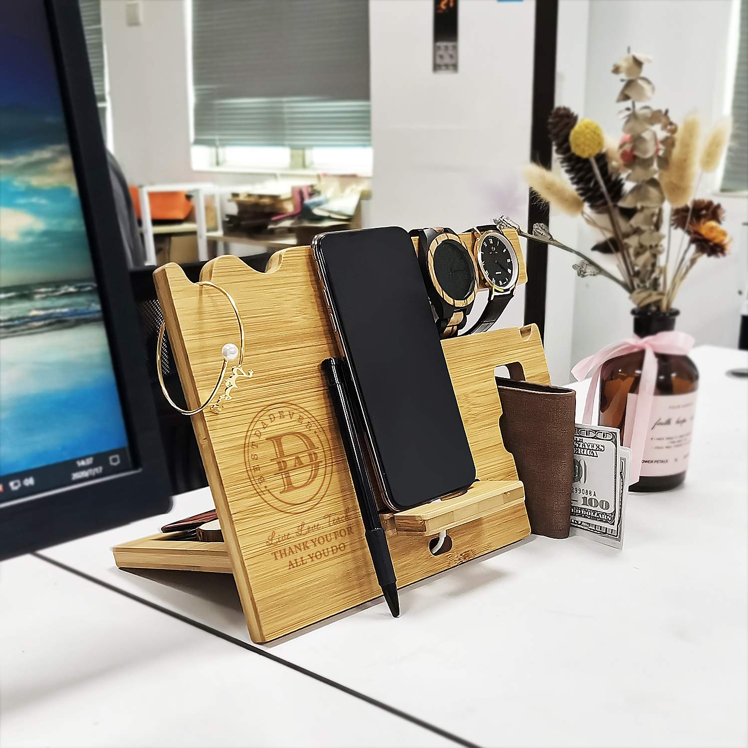 Personalized Wooden Phone Docking Station for Men - Engraved Nightstand Organizer with Phone Stand, Watch Holder & Accessory Tray - Unique Father's Day, Birthday, Christmas Gifts for Dad - Perfect for Bedside, Office Desk or Travel Essentials Organization