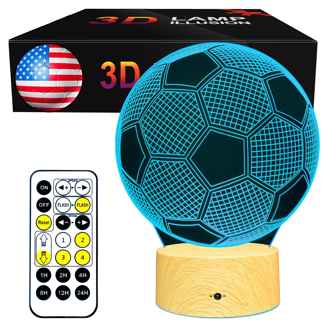 3D Soccer Illusion Lamp - Remote Control 7 Color Changing Night Light for Kids & Teens | Perfect Gift for Birthday, Halloween, Christmas | Football Decor for Bedroom, Game Room & Dorm