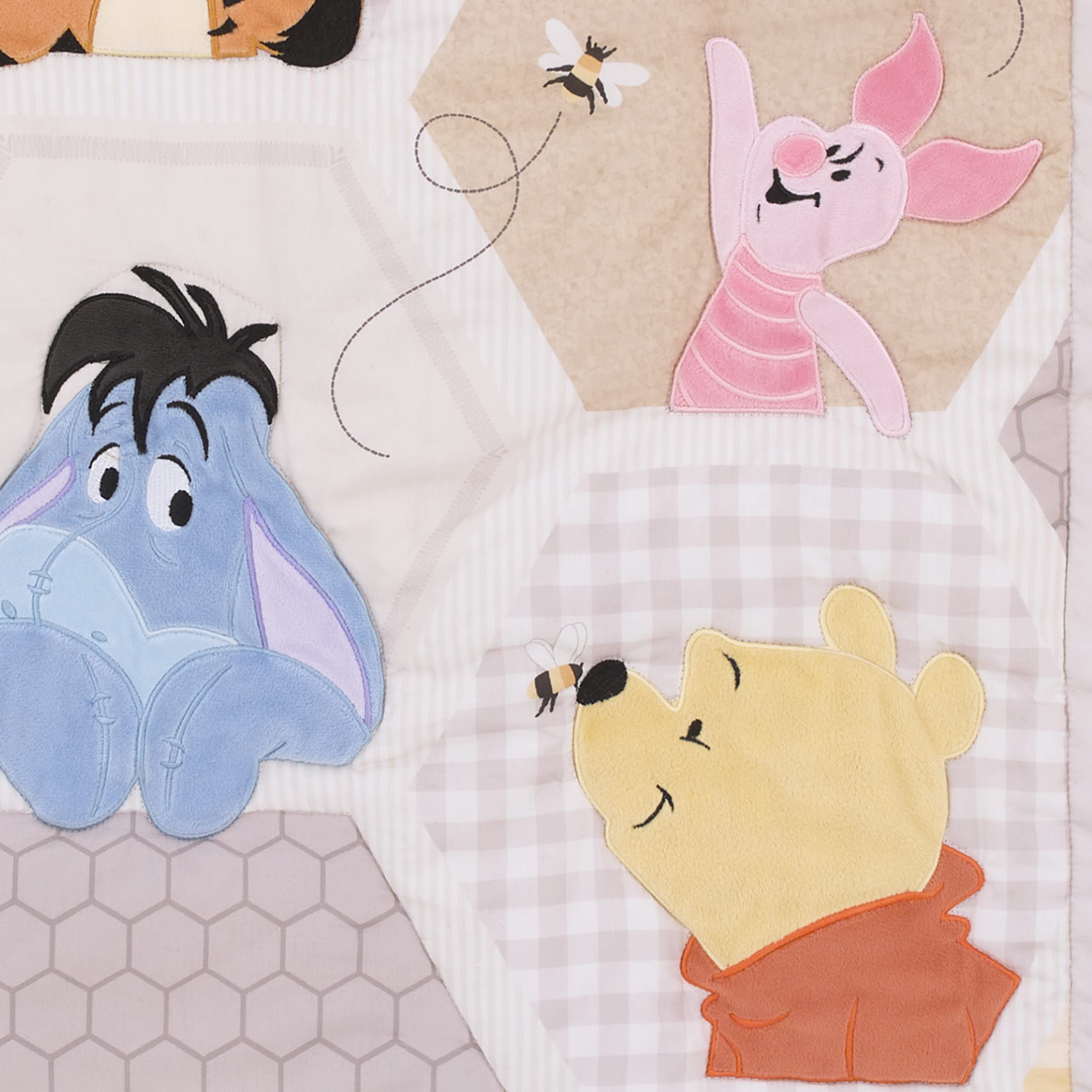 Disney Winnie The Pooh 3-Piece Crib Bedding Set - 100% Cotton Comforter, Fitted Sheet & Skirt with Piglet, Tigger & Eeyore | Grey White Tan Patchwork Nursery Decor | Perfect for Baby Shower Gifts & Cozy Nursery Themes
