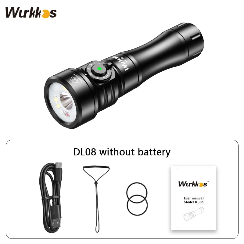 Wurkkos DL08 3600 Lumens Rechargeable Scuba Diving Light with Red & UV Modes, IP68 Waterproof Underwater Flashlight with Adjustable Brightness & 5000mAh Battery - Perfect for Night Diving, Cave Exploration & Underwater Photography