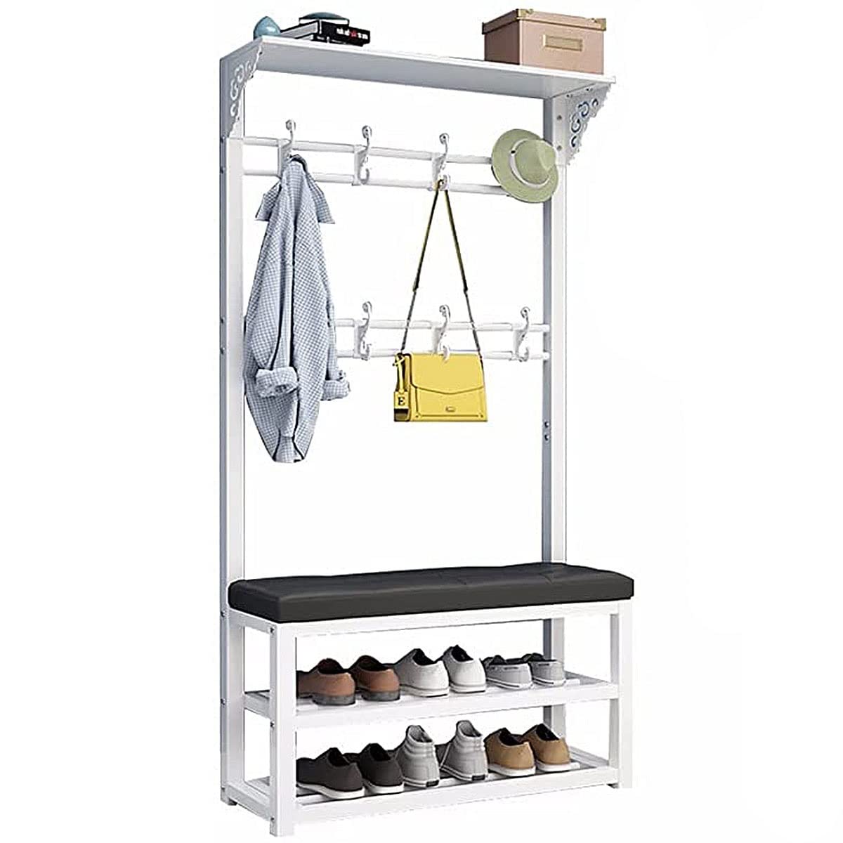OTBK 3-in-1 Entryway Hall Tree with Coat Rack, Shoe Bench & Storage - White Metal Frame Organizer for Coats, Shoes, Bags & Umbrellas (60x30x172cm) - Perfect for Small Spaces, Apartments & Mudroom Organization