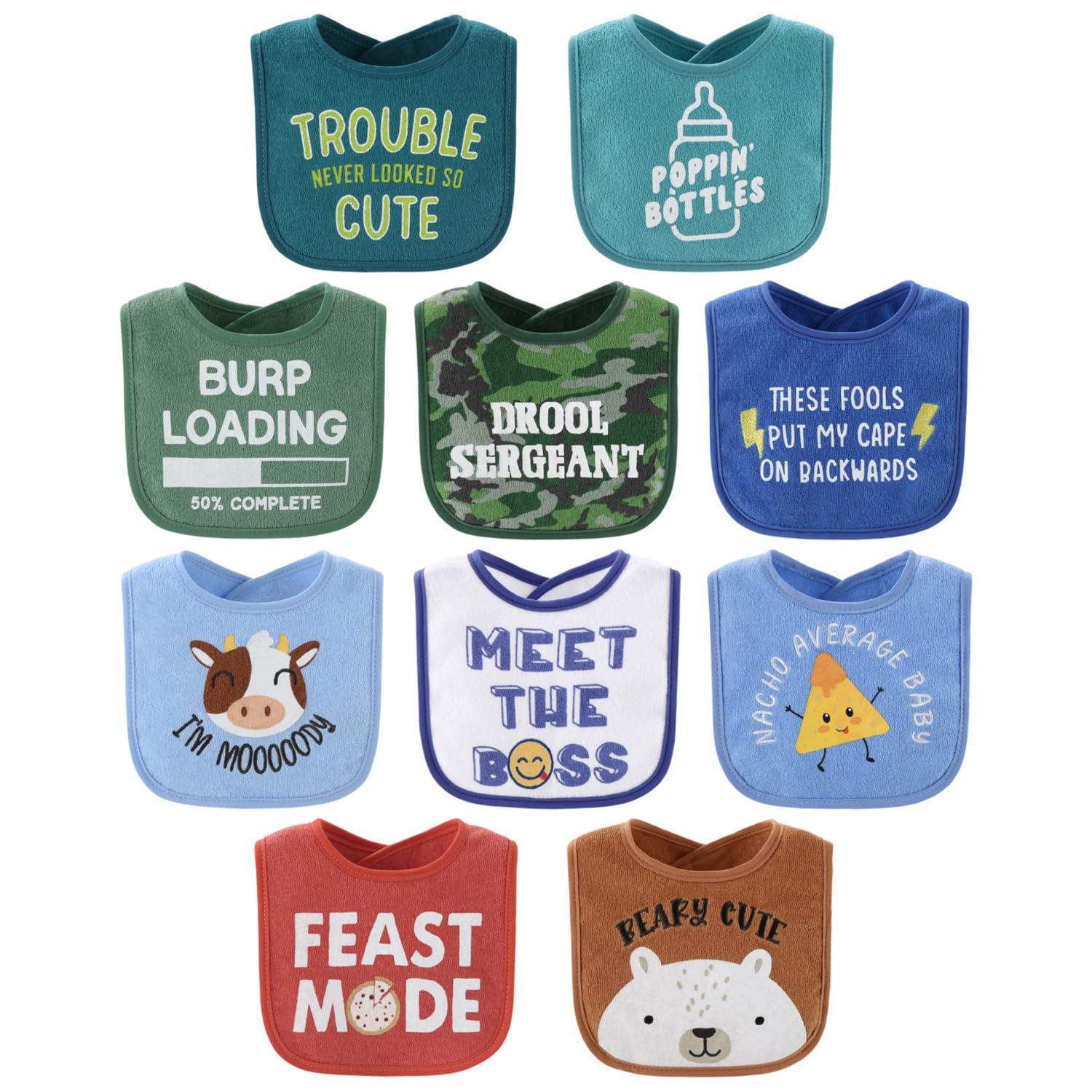 Peanutshell Baby Boy Terry Bibs - 10-Pack Cotton Bib Set for Newborn & Toddler - Soft & Absorbent for Mealtime