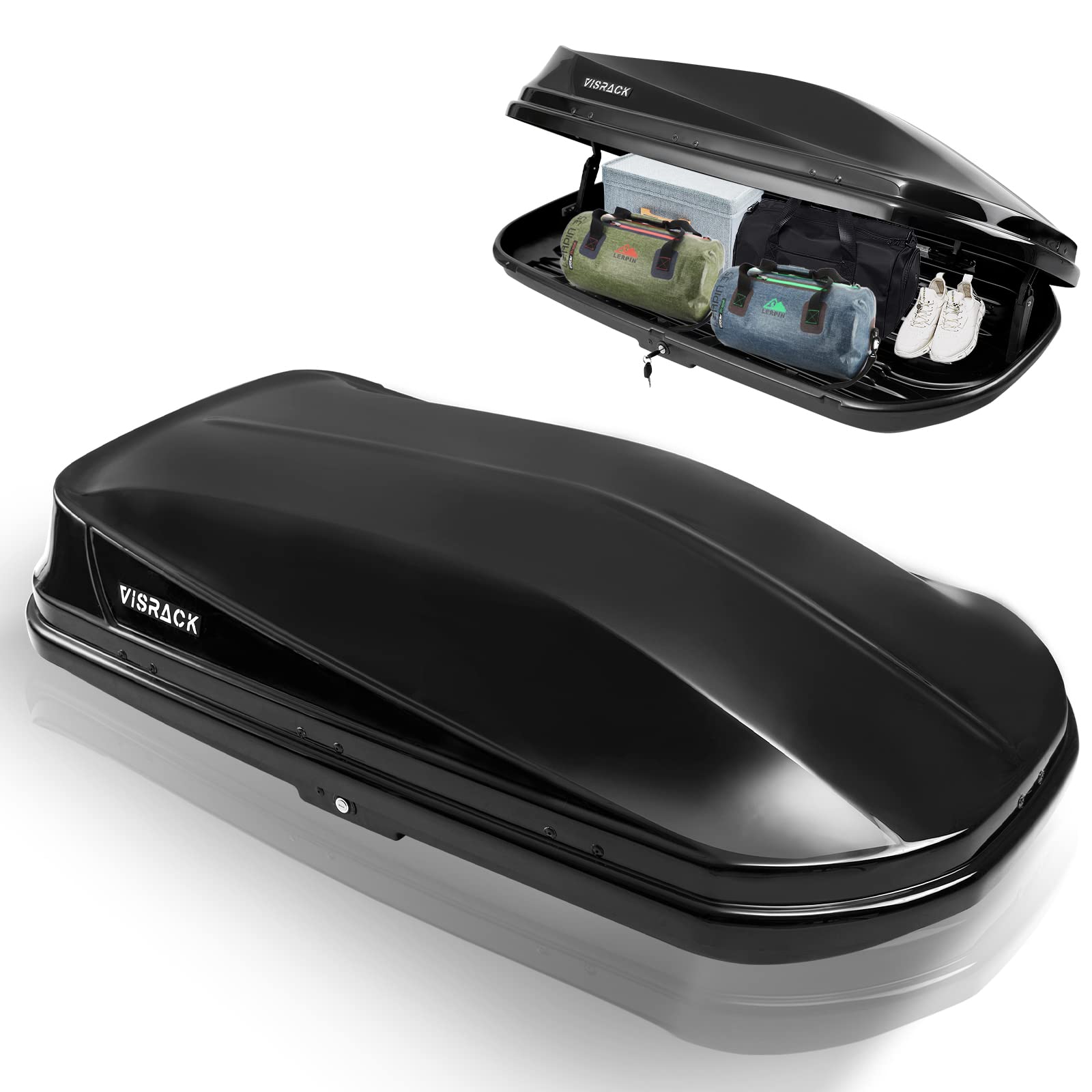 Hard-Shell Rooftop Cargo Box - Weatherproof & Lockable Roof Storage (130 LBS Capacity, 14 Cu Ft) with Dual Side Openings | Universal Fit for Roof Racks | Tool-Free Installation | Perfect for Road Trips, Camping Gear & Luggage Storage (Black)