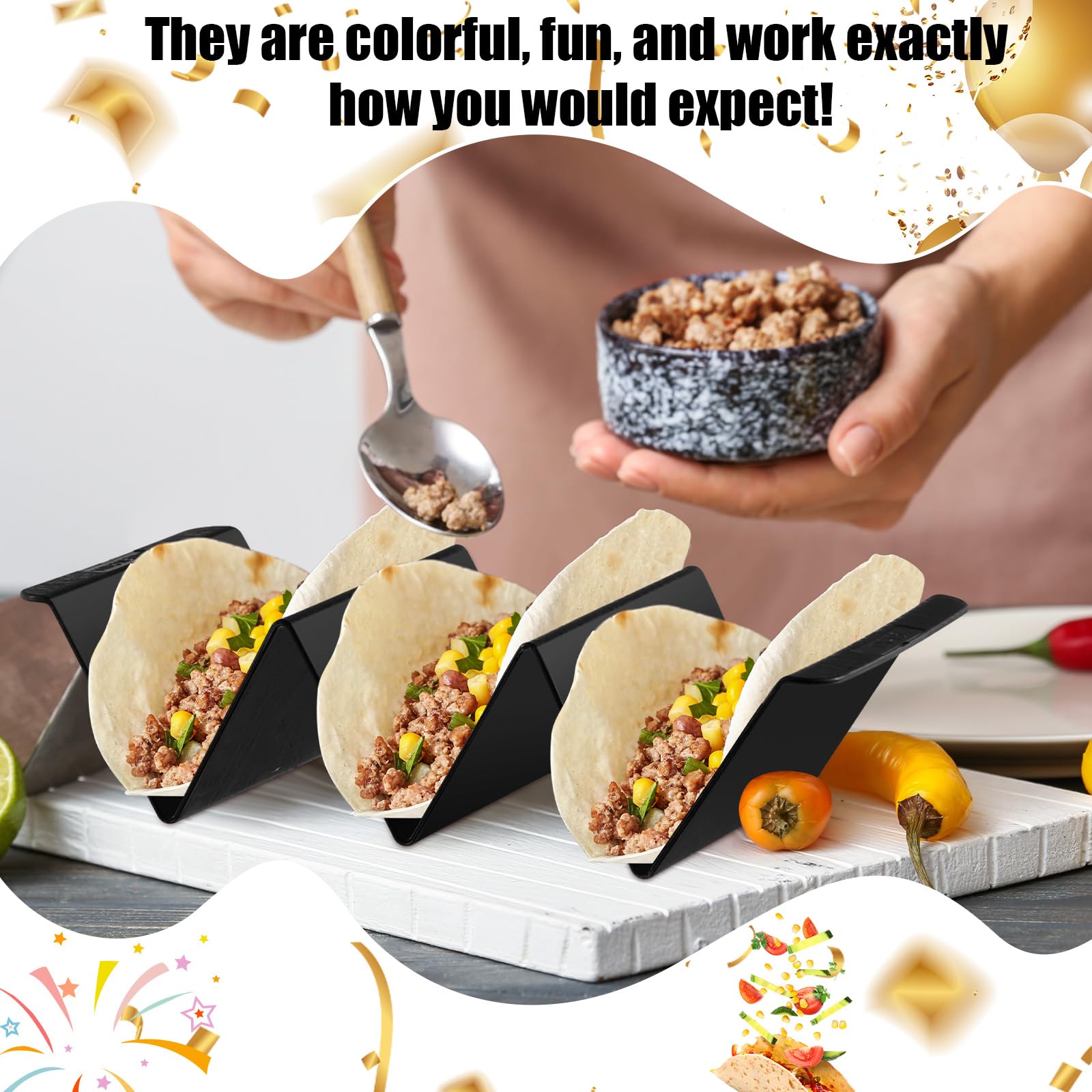 Baderke Mexico Taco Holder Stands - Set of 6 Black Large Plastic Tray Plates for Taco Night | Dishwasher & Microwave Safe | Perfect for Taco Tuesday Parties, Family Gatherings & Mexican Food Lovers