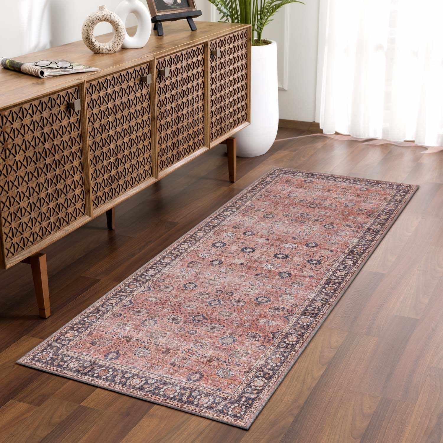Vintage Distressed Oriental Floral Pattern Machine Washable Runner Rug - 2'7