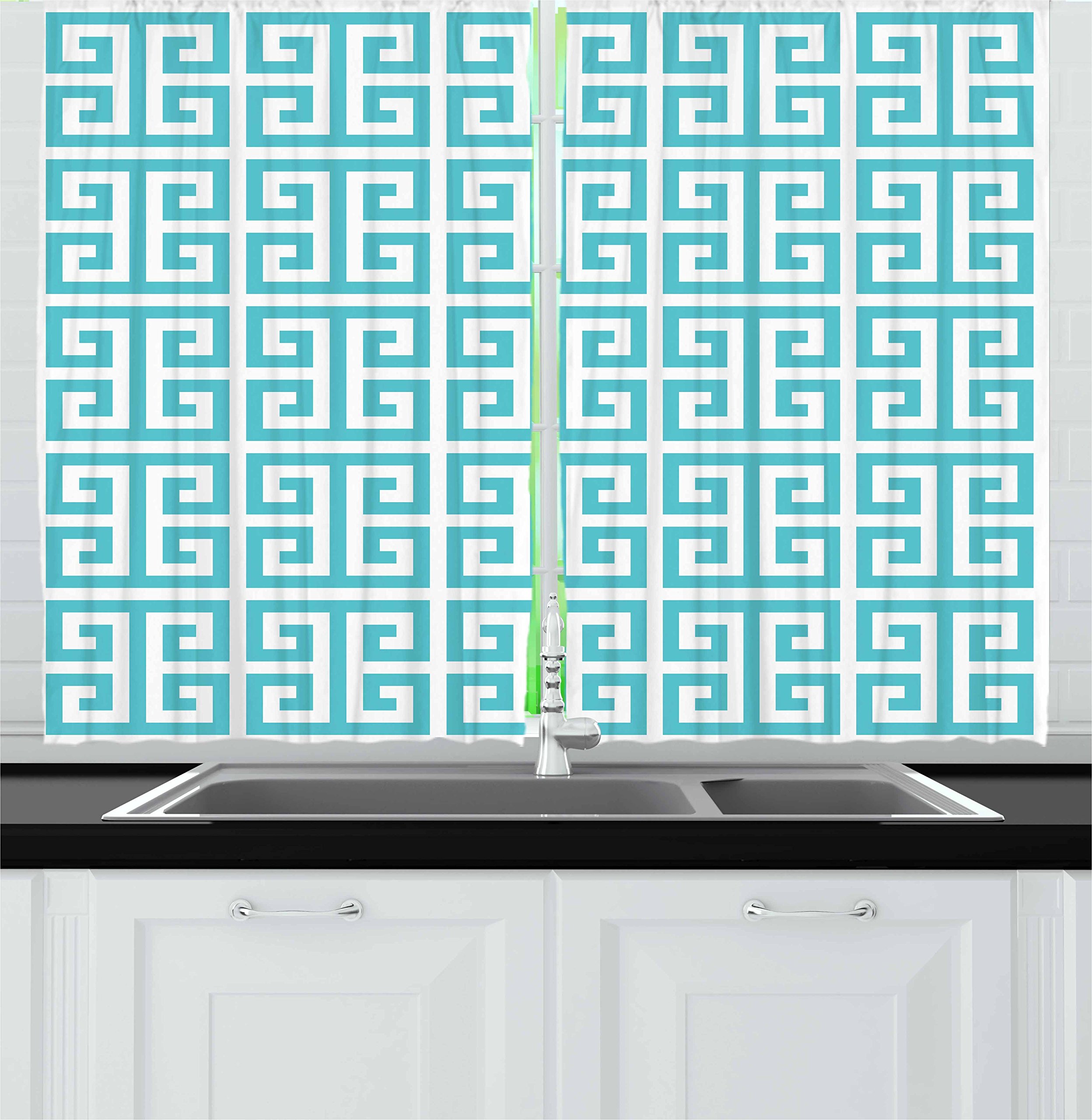 Ambesonne Geometric Kitchen Curtains Set of 2 Panels - Aquamarine Antique Stripes & Squares Monochrome Design, 55