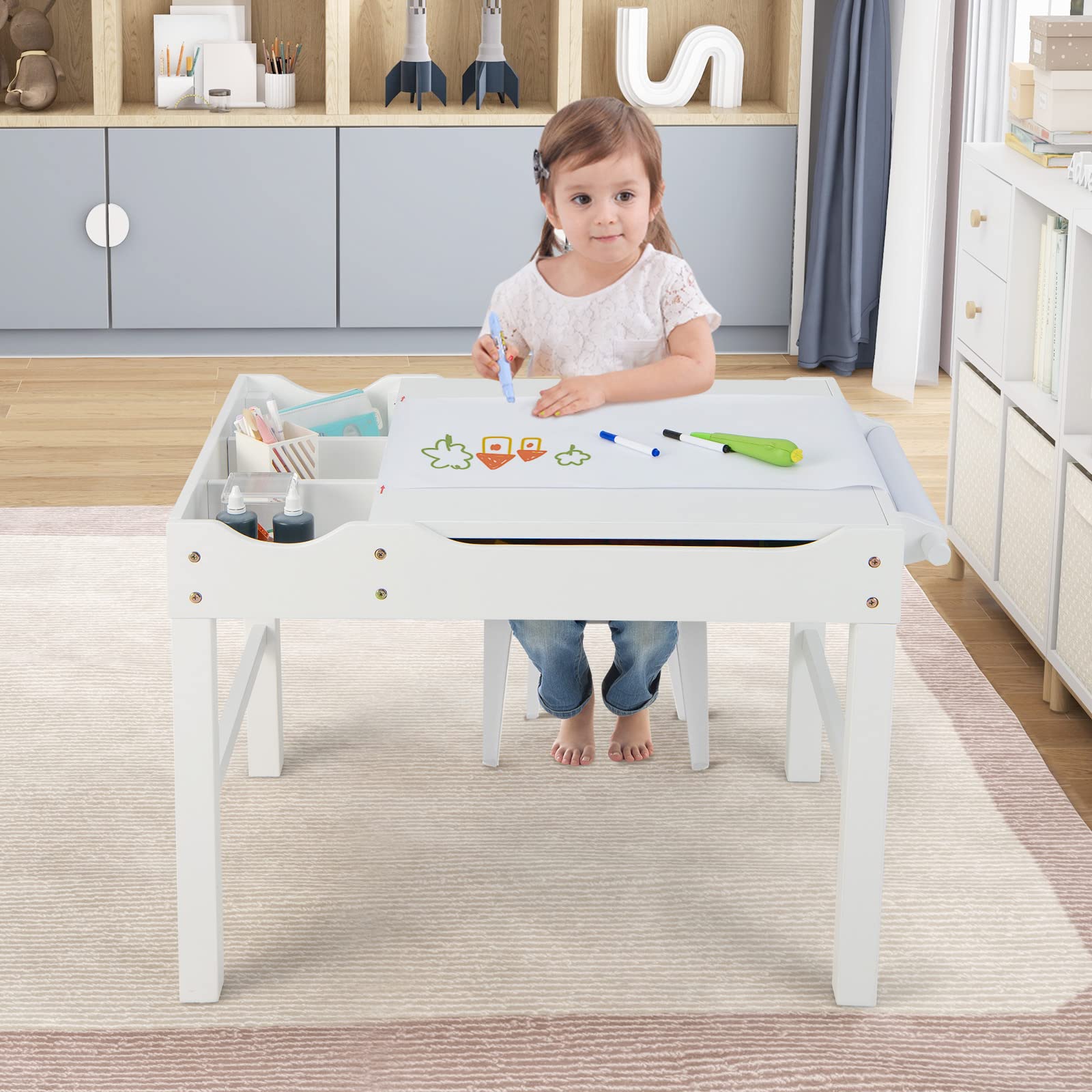 Costzon Kids Activity Table - 3-in-1 Wooden Building Block Desk with Storage, Paper Roll & Reversible Top for Toddlers | Arts & Crafts, Drawing, Reading & Play | Perfect Gift for Boys & Girls (White) - Ideal for Preschool Learning, Creative Play & Home Classroom Activities
