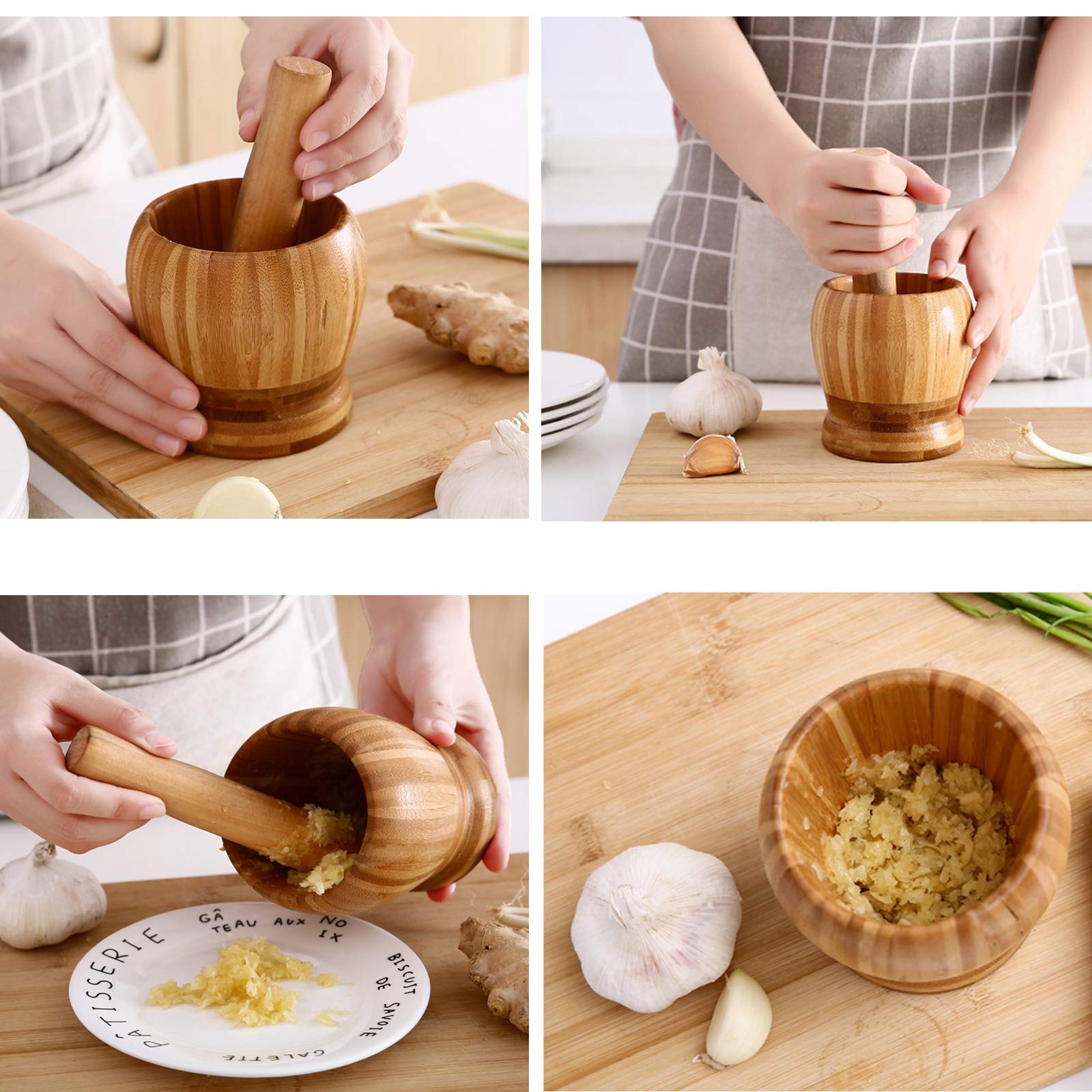 Premium Bamboo Wood Mortar and Pestle Set - Natural Guacamole Bowl, Garlic Crusher, Spice Grinder for Kitchen - Perfect for Guacamole, Salsa, Herbs & Spices - Eco-Friendly Kitchen Tool for Healthy Cooking
