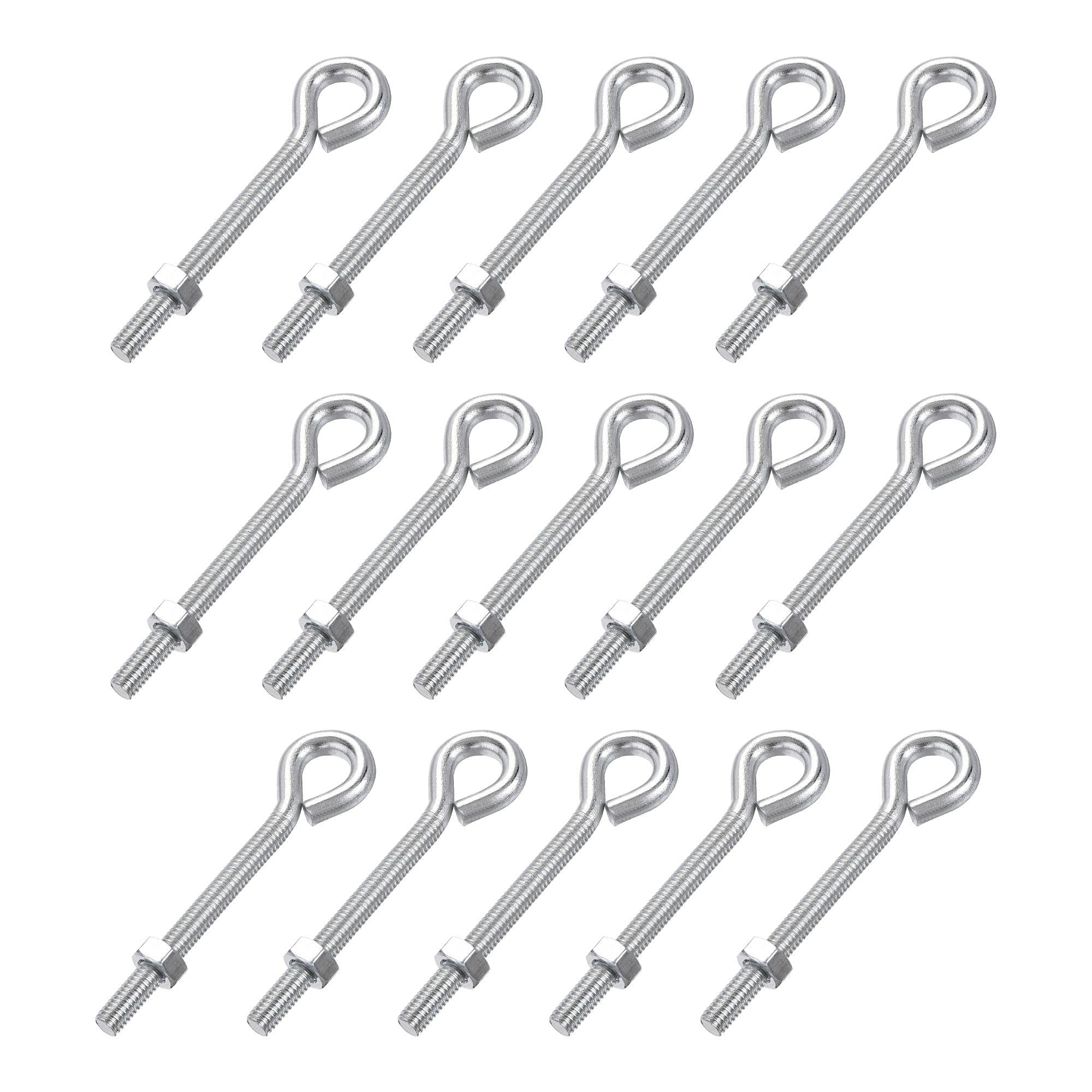 uxcell M6x60mm Eye Hooks Screws Bolts Kit - 15pcs Carbon Steel Hanger Eyelet Hooks with Hex Nuts for Metal Hooks & Wood Terminal Ring Hooks - Perfect for Hanging Plants, Tools & Home Decor