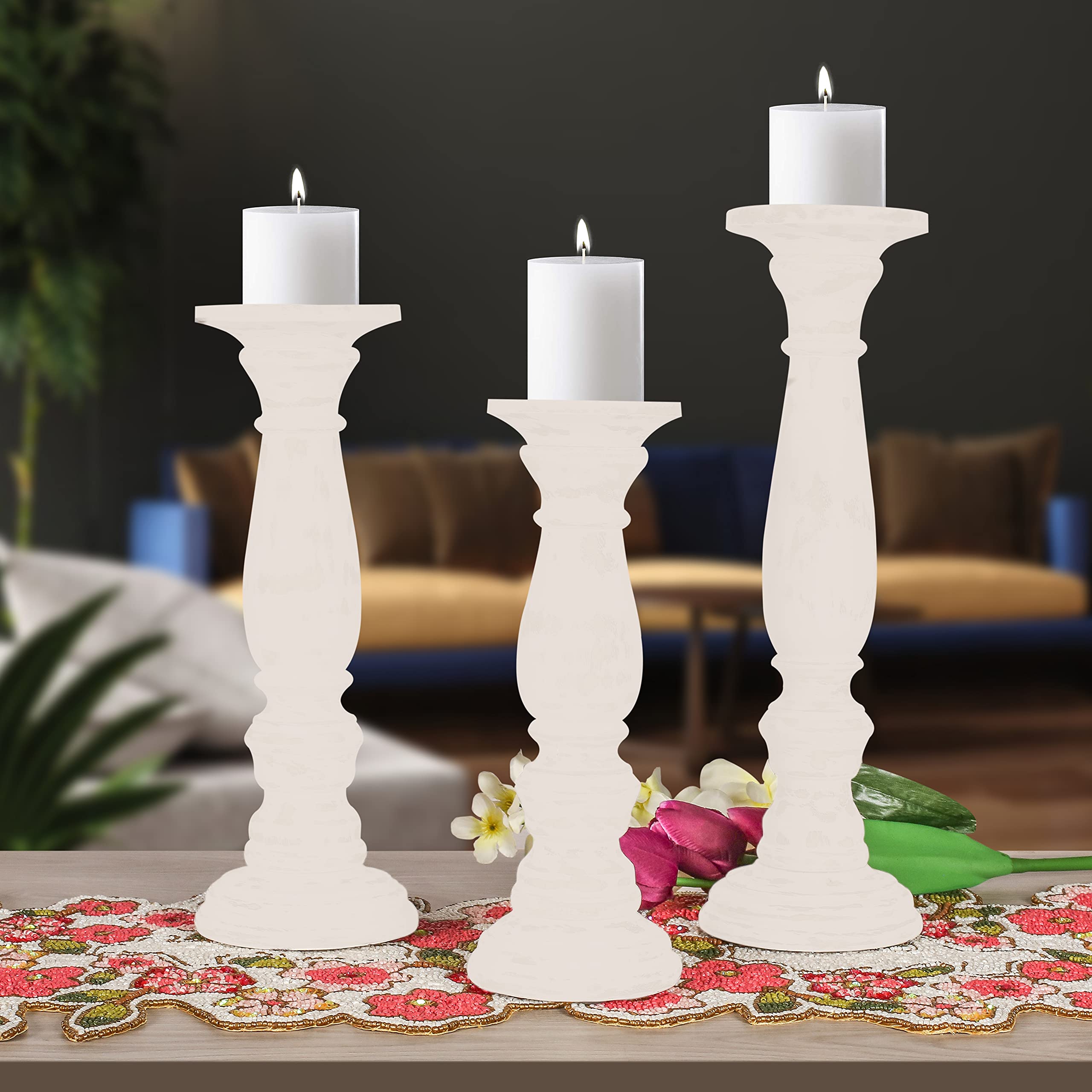 Wooden Candle Holder Stand Set of 3 - 16,14,12 Inch White Country Style Candelabra for Wedding Unity Ceremony, Party Decor & Home Spa Relaxation | Rustic Home Decor & Thoughtful Gift Idea
