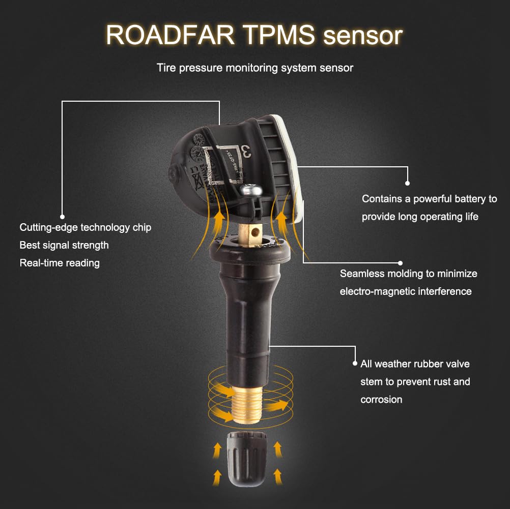 ROADFAR 315MHz Programmable TPMS Tire Pressure Monitoring System Sensor - 4 Pack Compatible with Chevrolet Vehicles | Perfect for Highway Safety & Off-Road Adventures