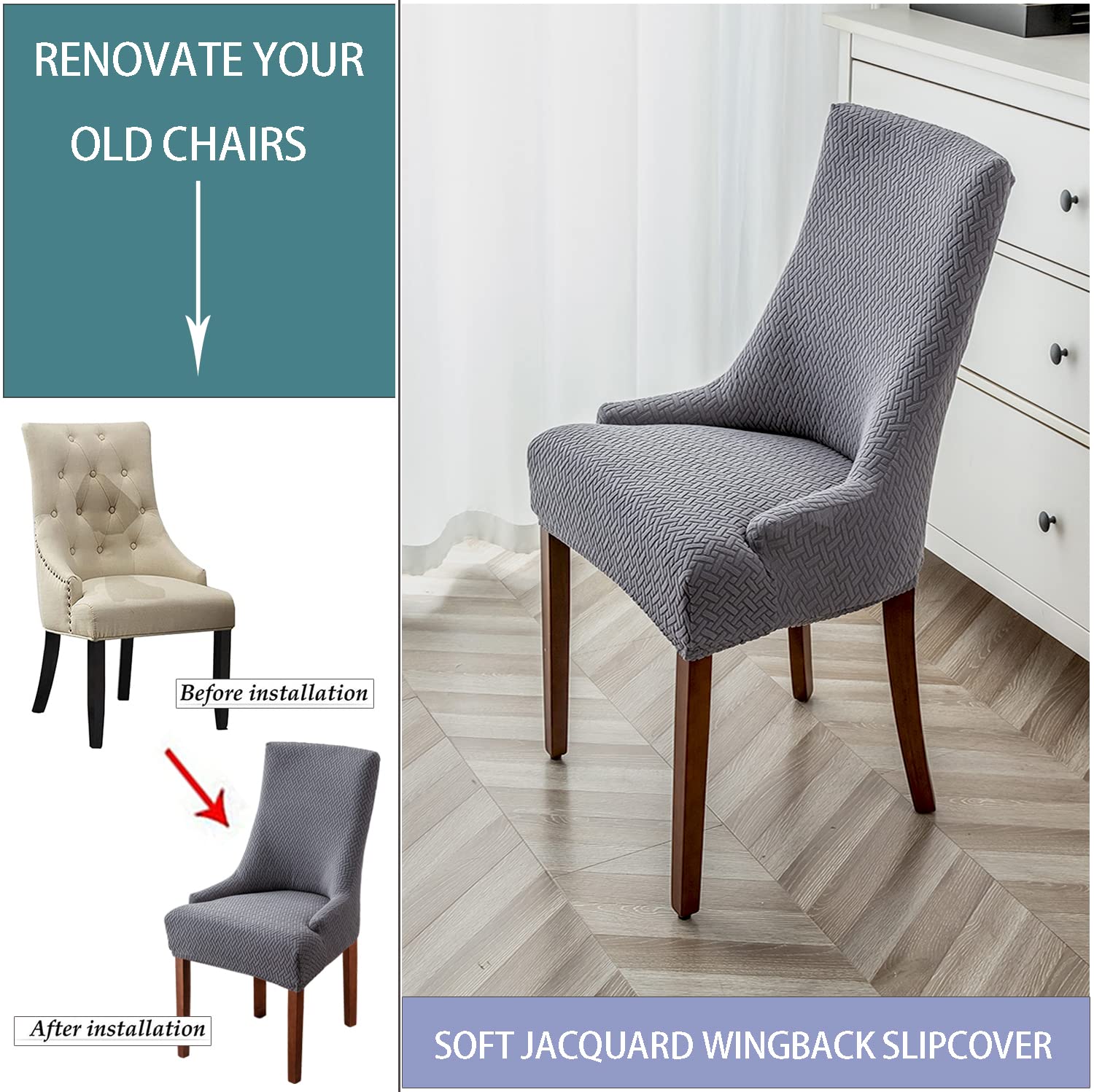 Stretch Wingback Chair Covers Slipcovers - Reusable Armchair Protector Set of 2, Diagonal Stripes Design for Dining Room & Kitchen Chairs (Gray) - Perfect for Home Decor, Furniture Protection & Easy Cleaning