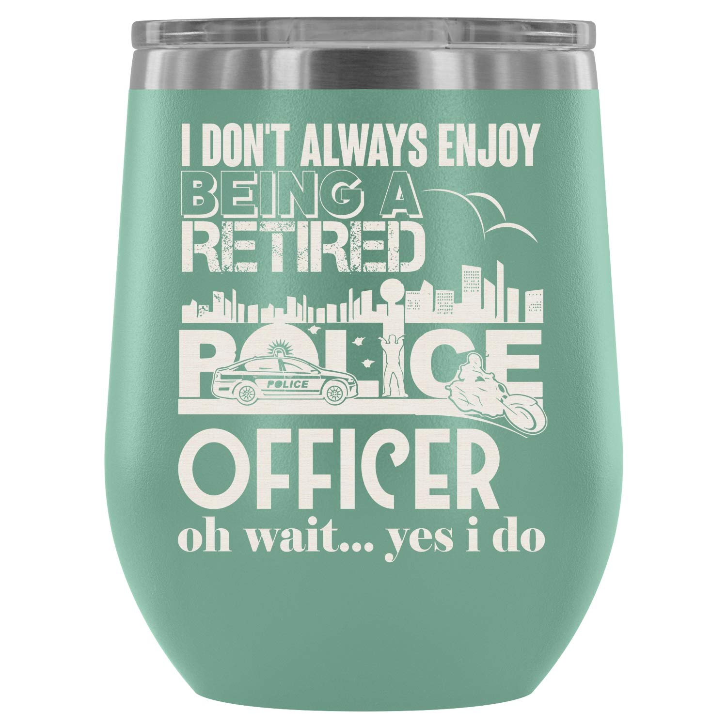 Stainless Steel Stemless Wine Tumbler 12oz - Vacuum Insulated Police Officer Gift, Teal - Perfect for Retired Cops, Outdoor Picnics & Wine Tasting