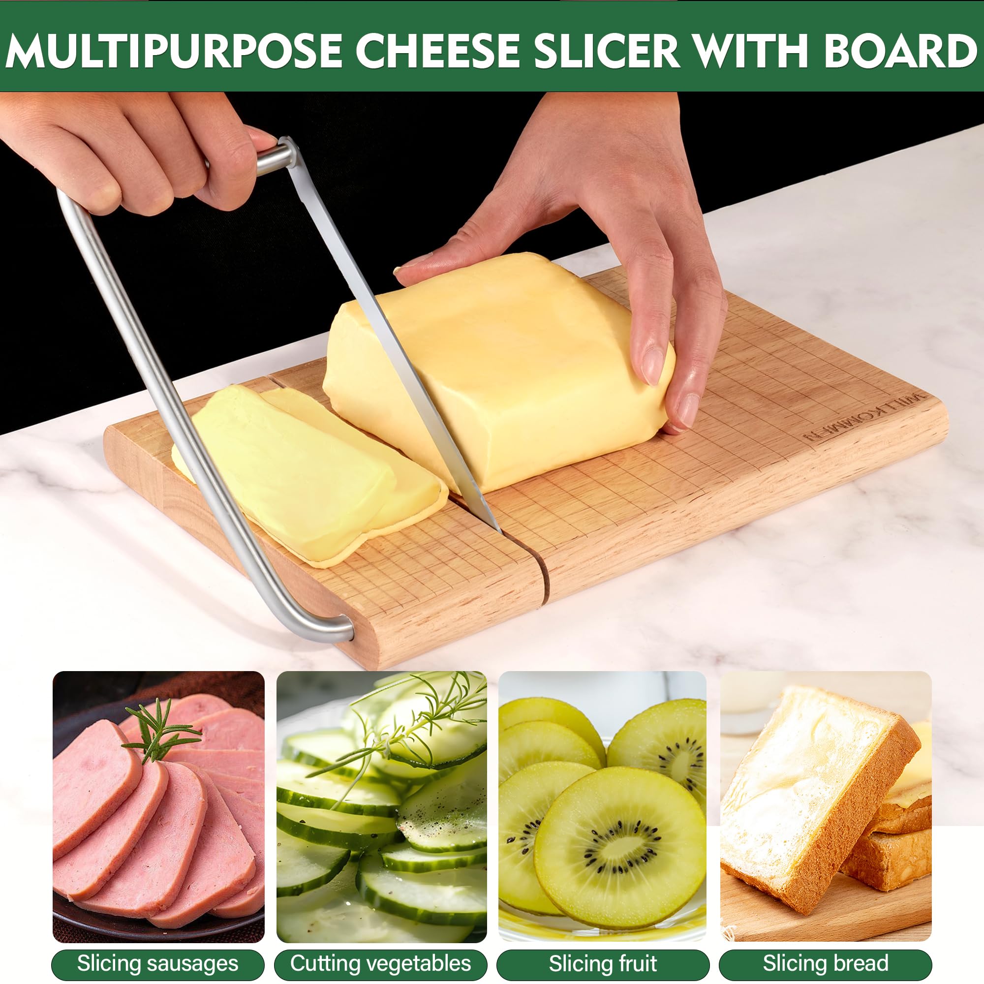 Premium Wooden Cheese Slicer & Cutting Board with Stainless Steel Blade - 10.8