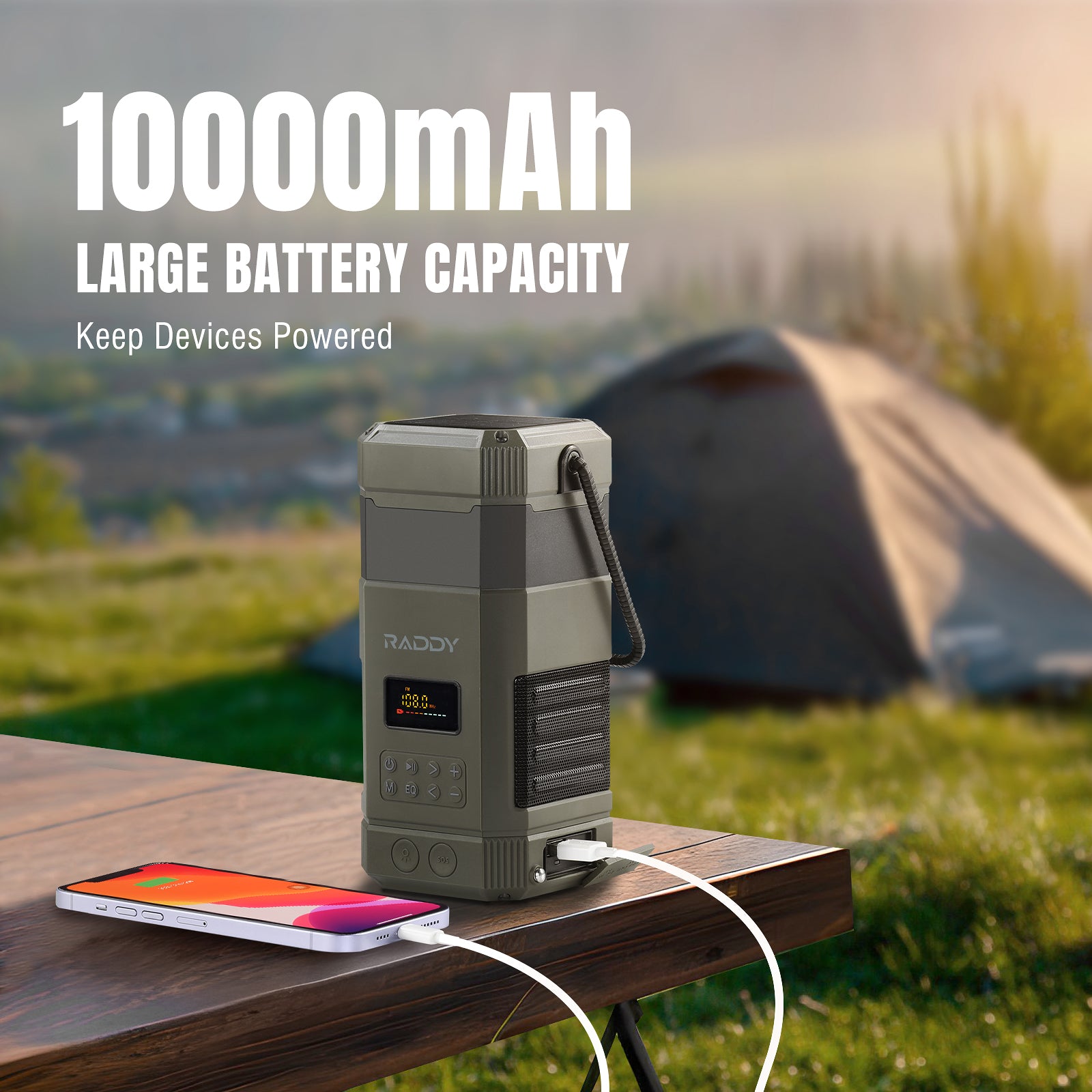 Raddy SL10 Emergency Radio - 10000mAh Solar Hand Crank Power Bank, IPX6 Waterproof Camping Lantern with Bluetooth Speaker & AM/FM/NOAA Weather Alert - Perfect for Outdoor Adventures, Power Outages, and Emergency Preparedness