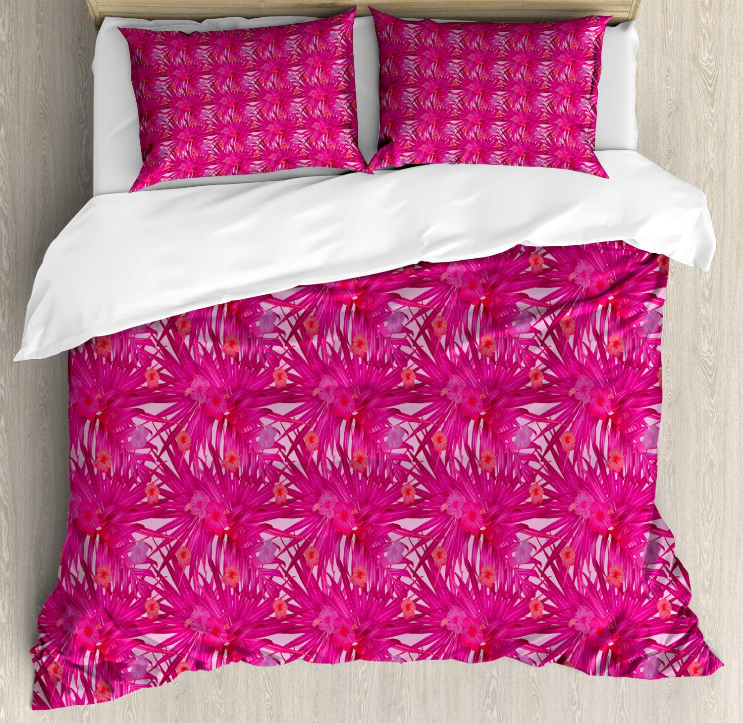 Ambesonne Hibiscus Duvet Cover Set - King Size 3 Piece Bedding with Tropical Flowers & Monstera Leaves Design in Raspberry Pale Pink - Includes Duvet Cover & 2 Pillow Shams - Perfect for Summer Bedroom Decor, Beach House, or Tropical Theme Guest Room