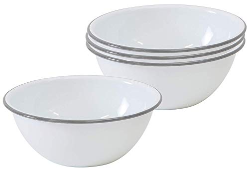 Vintage Style Enamelware Cereal or Salad Bowls with Grey Rim - Set of 4 for Breakfast, Picnics, and Farmhouse Dining
