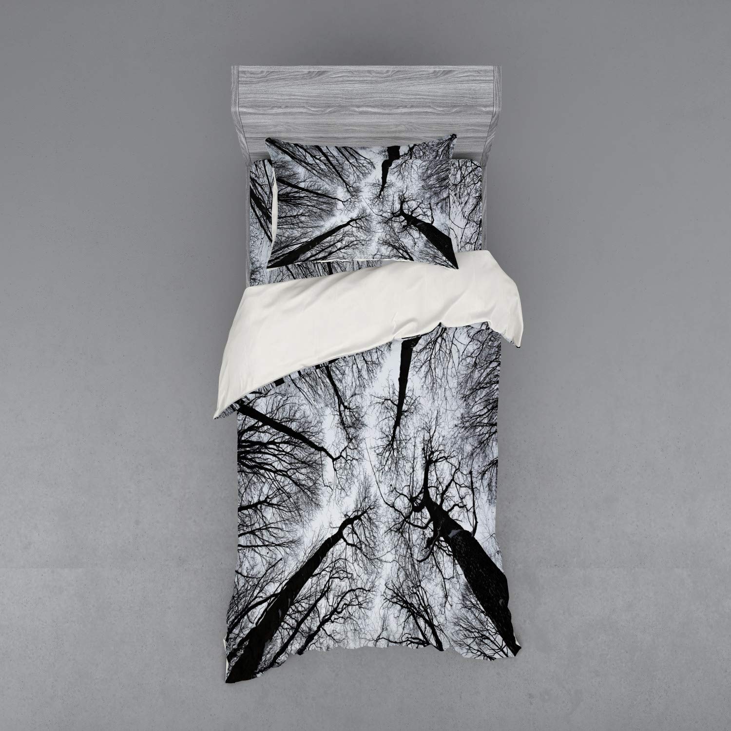 Ambesonne Forest Bedding Set - Dark Winter Tree Silhouettes Duvet Cover with Sham & Fitted Sheet, Twin XL Size, Black & Grey | Enchanted Nature Themed Bedroom Decor for Cozy Cabin Retreats