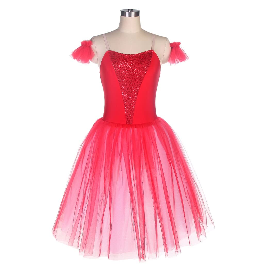 Red Velvet Camisole with Sequin Lace & Romantic Ballet Tutu - Women's Stage Performance Costume for Ballet, Dance, Theater & Cosplay (Color: Red, Size: LA Code)