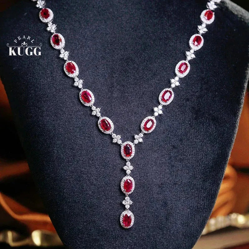 18K White Gold Diamond and Ruby Necklace for Women - Luxury Shiny Design with Natural Stones - Perfect for Parties, Weddings & Special Occasions