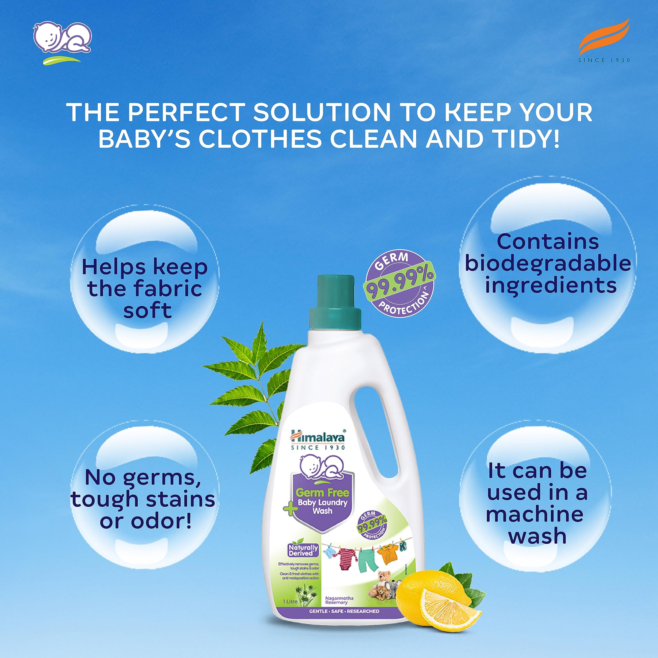 Himalaya Germ-Free Baby Laundry Detergent Liquid - 1L Pouch | Hypoallergenic & Gentle for Newborn Clothes | Perfect for Diapers, Onesies & Sensitive Skin Care