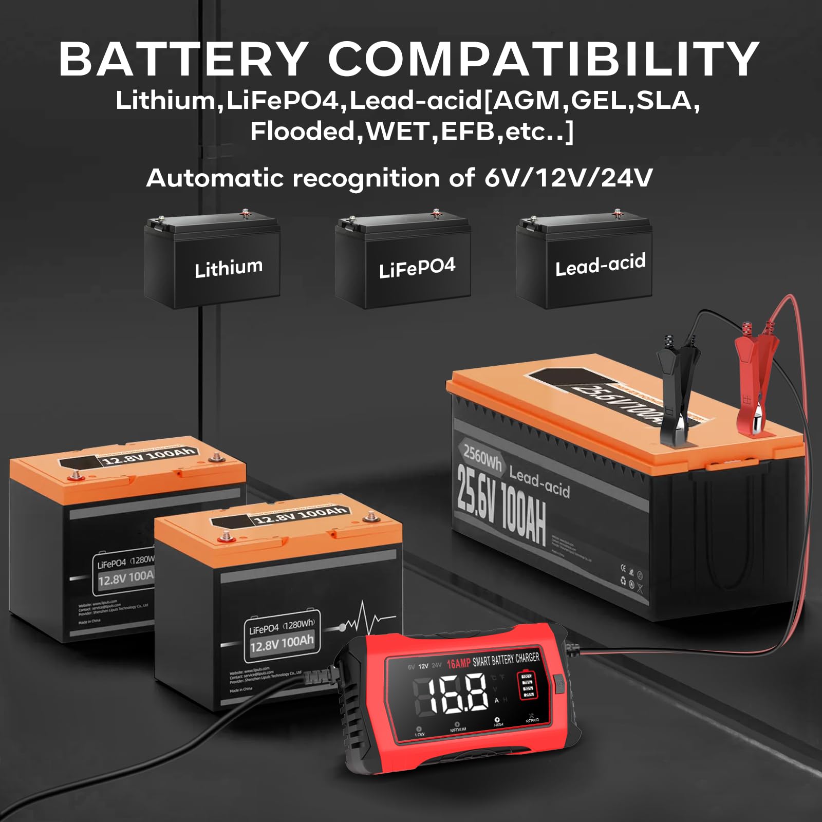 16-Amp Smart Battery Charger for 6V/12V/24V Automotive Batteries - Universal Car, SUV, Motorcycle & Boat Charger with Trickle Charge Mode - Compatible with Lead-Acid, Lithium & LiFePO4 Batteries - Perfect for Winter Storage, Long-Term Maintenance & Emergency Charging