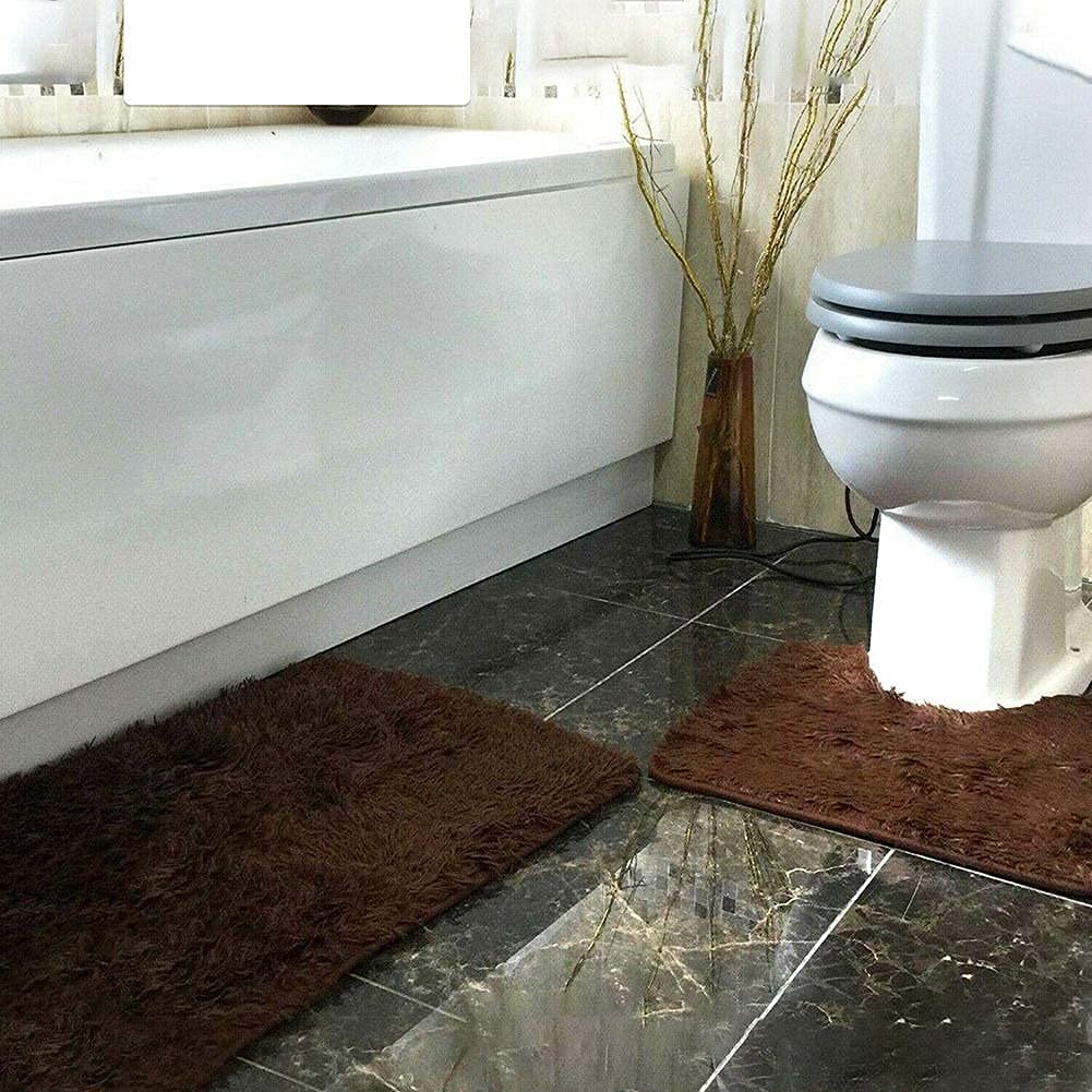 ESUPPORT 3-Piece Solid Color Bathroom Rug Set - Soft, Absorbent, Non-Slip Bath Mat & Toilet Lid Cover - Washable Brown - Perfect for Bathroom, Shower, and Toilet Area