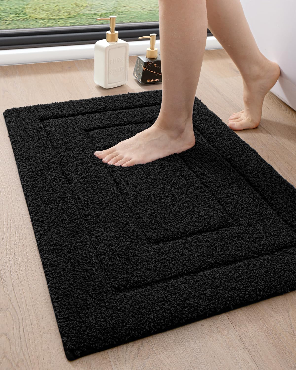 DEXI Non-Slip Bathroom Rug 24x16 Inches, Super Absorbent Quick Dry Shower Mat with Rubber Backing, Machine Washable Soft Microfiber Bath Carpet for Bathroom Floor - Perfect for Bathroom, Shower, and Spa Use (Black)