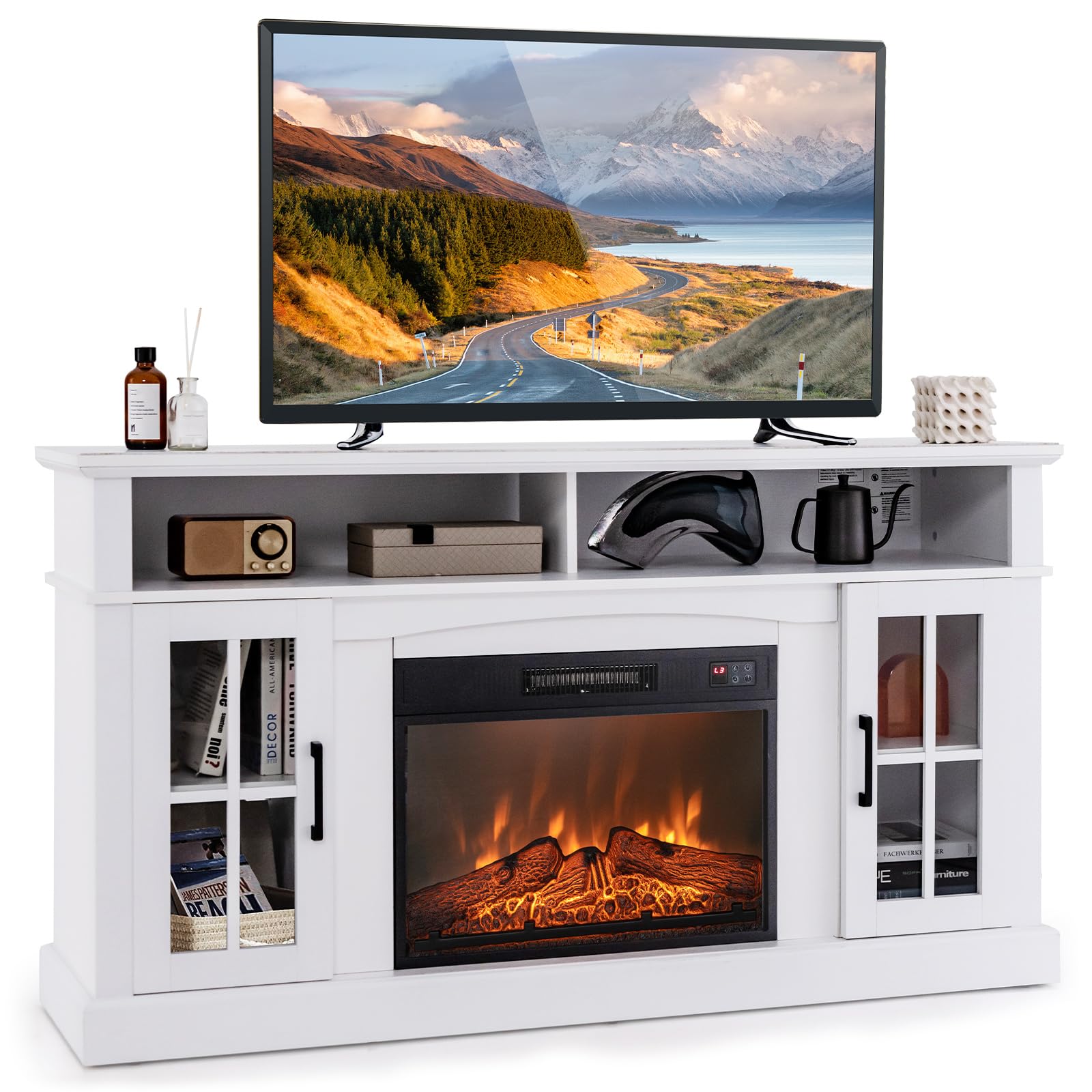 Tangkula 65 Inch Electric Fireplace TV Stand with Remote Control - Overheat Protection, 3-Level Adjustable Brightness, 23