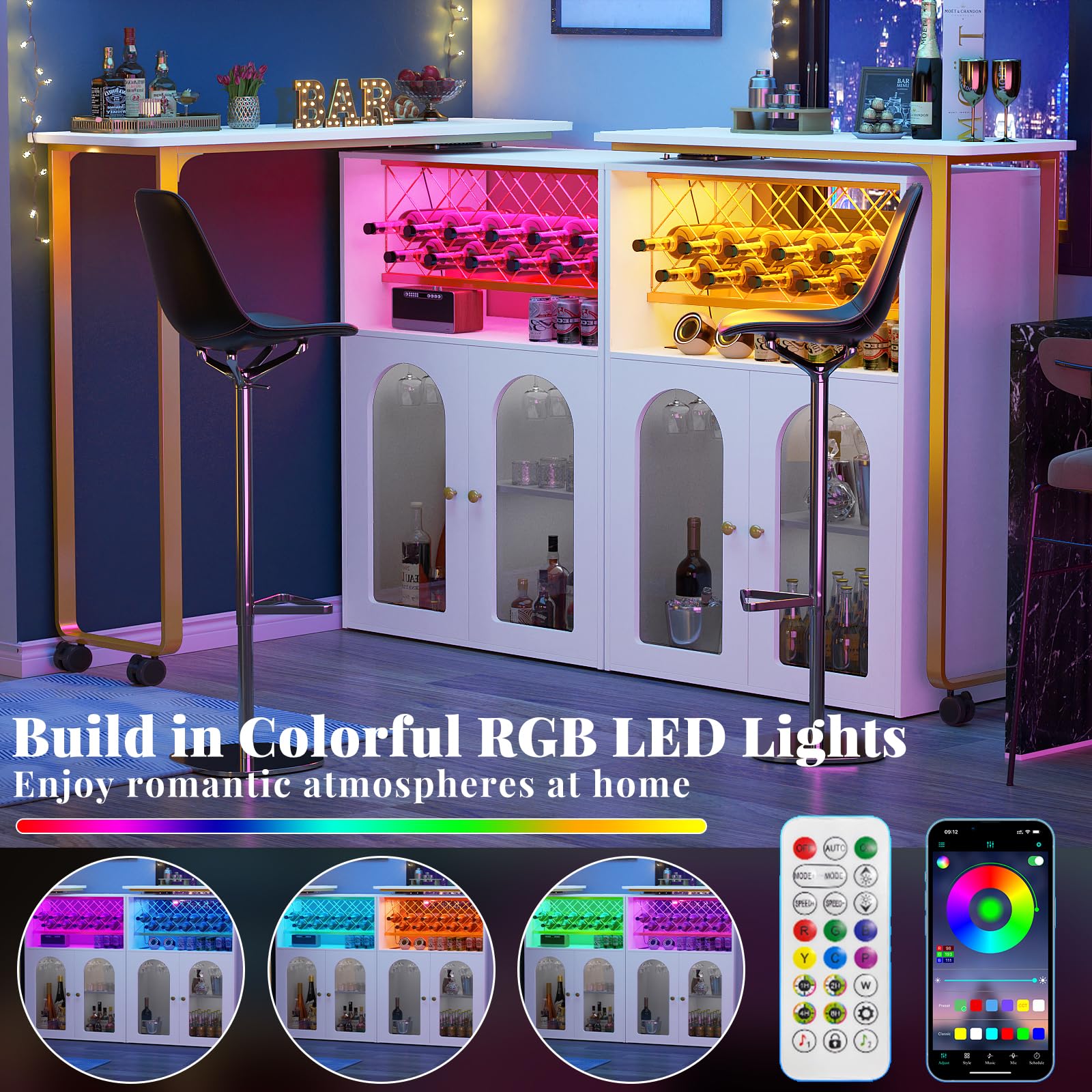 Cyclysio Rotating Wine Bar Cabinet - LED Lighted Home Bar with Power Outlets, Wine Rack & Glass Holder - Corner Bar Cabinet with Storage Doors - Perfect for Dining Room, Living Room & Home Entertaining