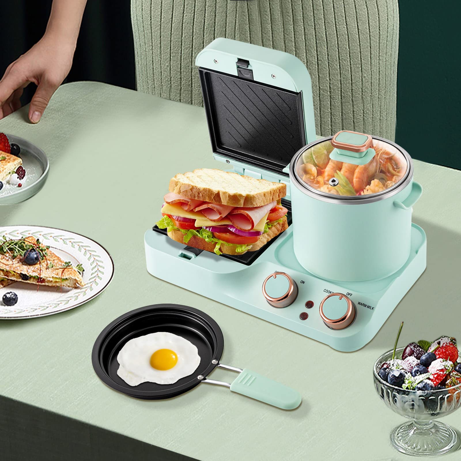 3 in 1 Electric Breakfast Station - Retro Toaster, Sandwich Maker & Non-Stick Frying Pan with Detachable Plates & Glass Lid Stockpot - Perfect for Quick Breakfast, Family Meals & Small Kitchen Appliances