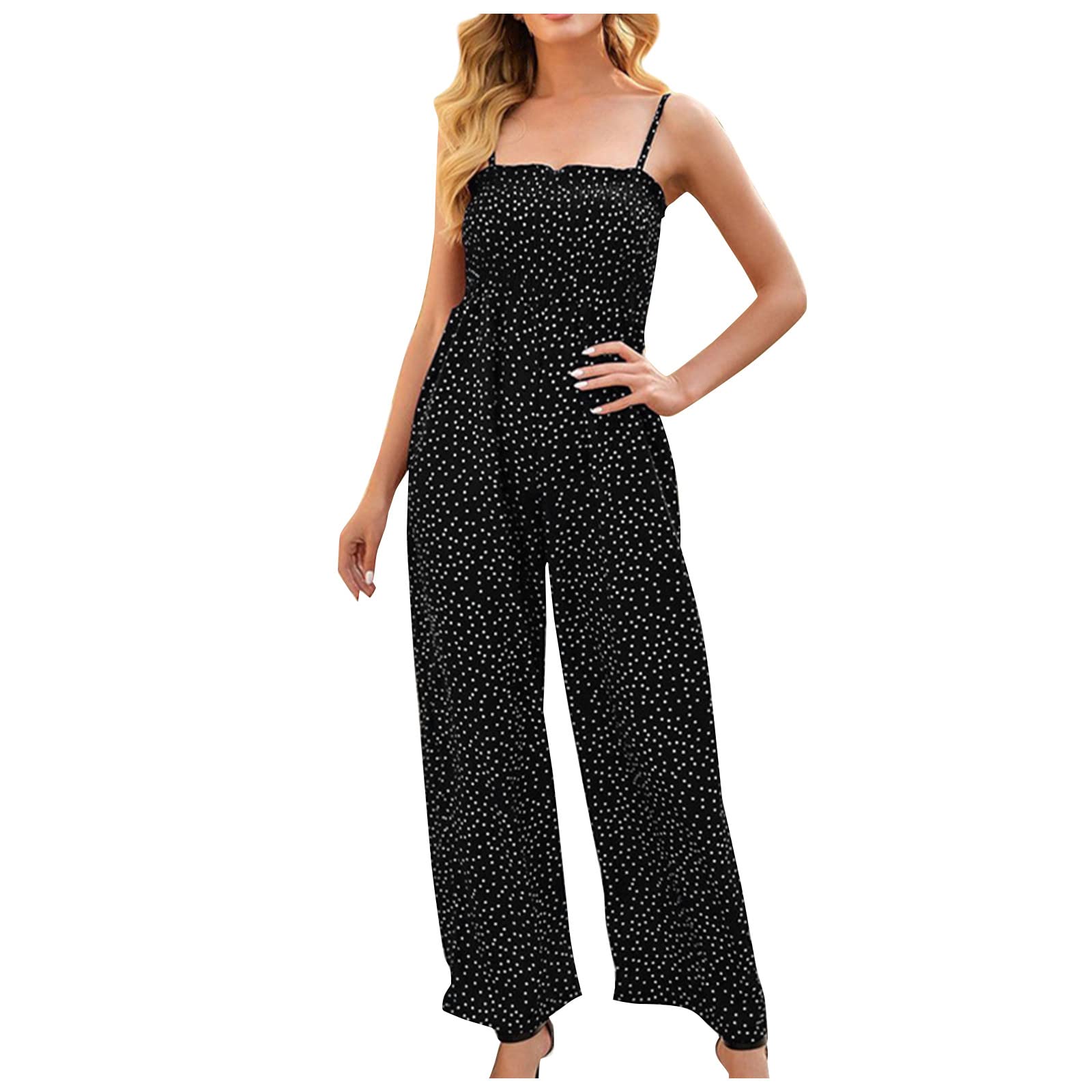 Polka Dot Jumpsuits for Women - Vintage Summer Romper with Spaghetti Straps, Loose Stretch Fit, Casual Overalls | Perfect for Beach Vacations, Date Nights & Summer Outings