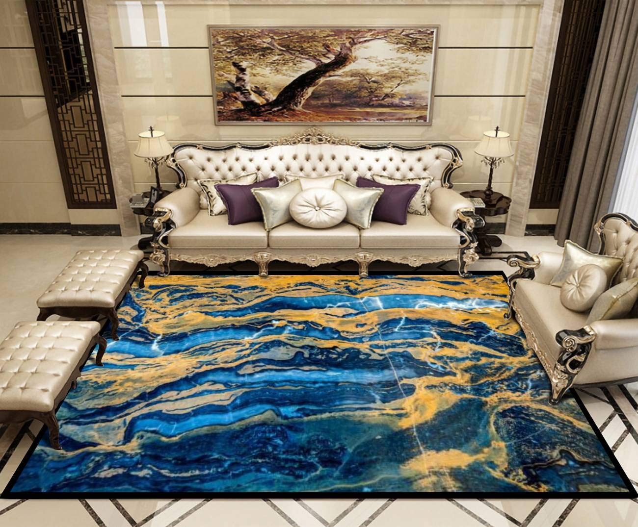 Premium Onyx Marble Blue Orange Yellow Red Green Brown Area Rug - Soft Non-Slip Indoor Outdoor Carpet for Living Room, Bedroom, Kids Room - Modern Home Decor, Yoga Mat, Runner, Doormat - Perfect for Cozy Home, Play Areas & Entryways