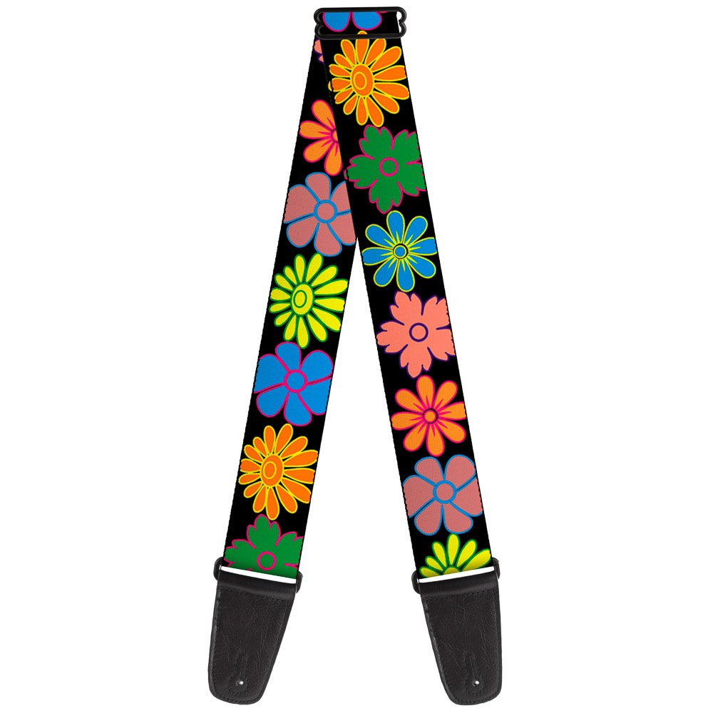 Flower Pattern Guitar Strap - 2 Inches Wide, Black & Multi-Color Design for Acoustic & Electric Guitars - Perfect for Performances, Practice & Stage Shows