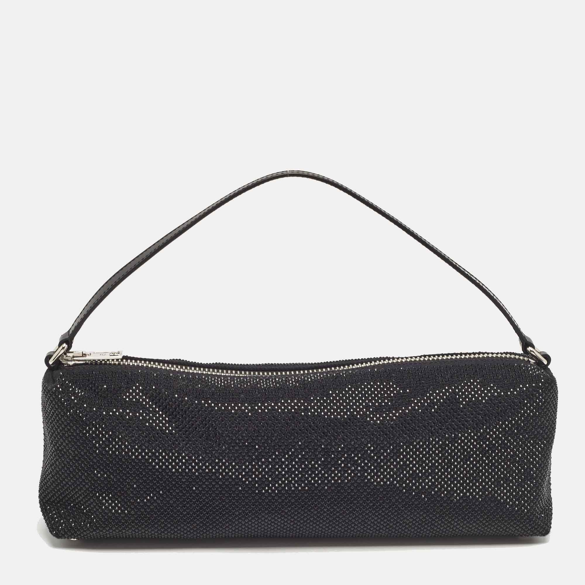 Black Canvas and Leather Crystals Heiress Flex Bag - Elegant Crossbody Purse for Women, Fashionable Evening Clutch for Parties, Dinner & Special Occasions