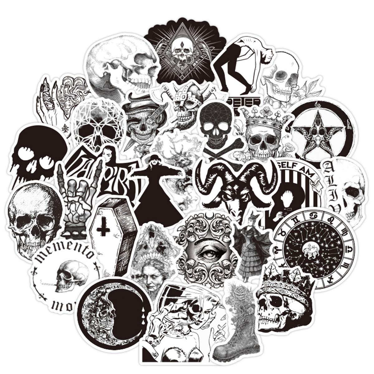 100PCS Gothic Stickers - Black & White Skull Vinyl Decals | Waterproof Stickers for Hydro Flask, Water Bottles, Laptop, Phone, Car & Skateboard | Perfect for Gothic Decor, DIY Crafts & Personalization