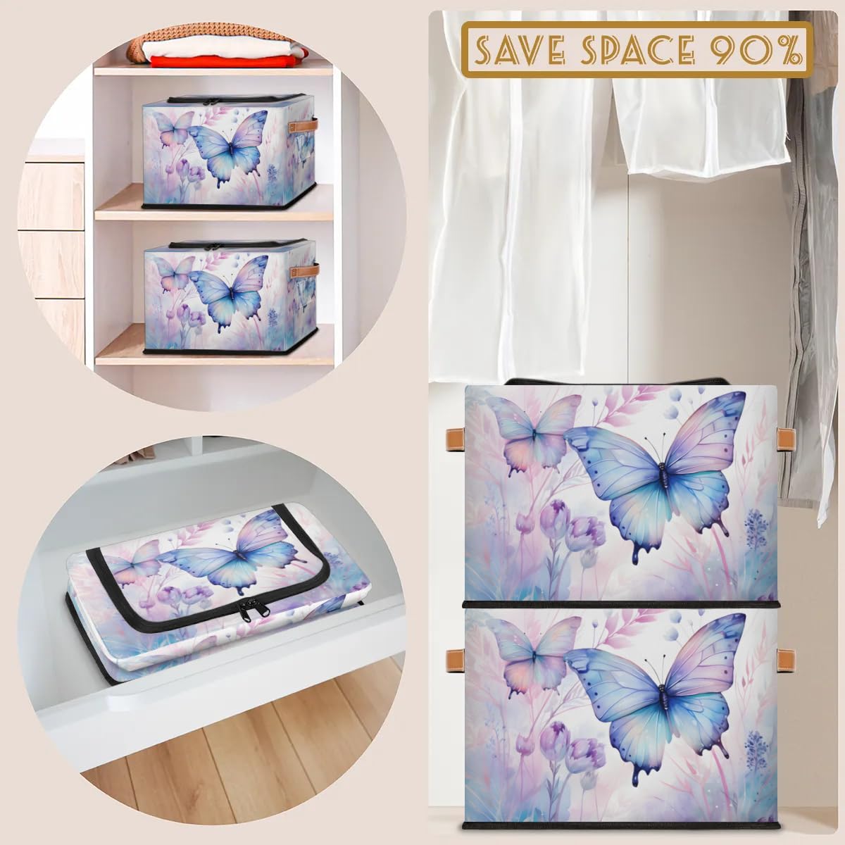 Beautiful Butterfly Storage Boxes with Sturdy Handles & Zipper Lids - 2 Pack Organizer for Clothes, Toys, Blankets | Perfect for Kids' Room, Nursery, and Home Organization