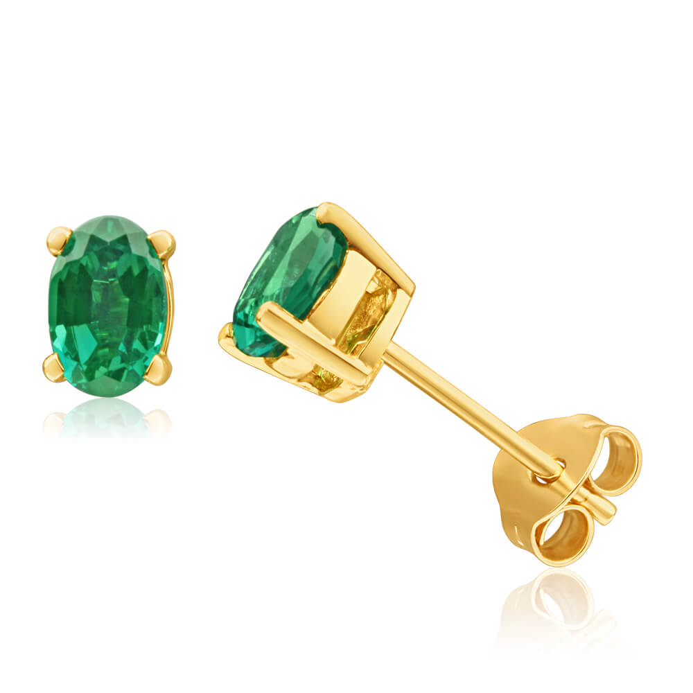 9ct Yellow Gold Emerald Stud Earrings - 6x4mm Lab-Created Gemstone for Women, Perfect for Everyday Wear & Special Occasions