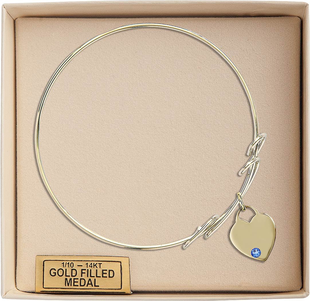 8 Inch Round Double Loop Bangle Bracelet with Heart Medal Charm & September Blue Crystal - Elegant Jewelry for Women, Perfect for Parties, Weddings & Special Occasions