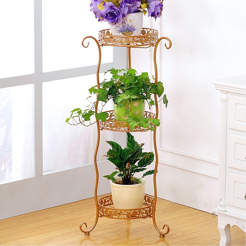 European Style Round Metal Iron Plant Stand - 3 Tier Indoor/Outdoor Flower Pot Holder Rack (Brass Color) for Living Room, Garden & Balcony Decor