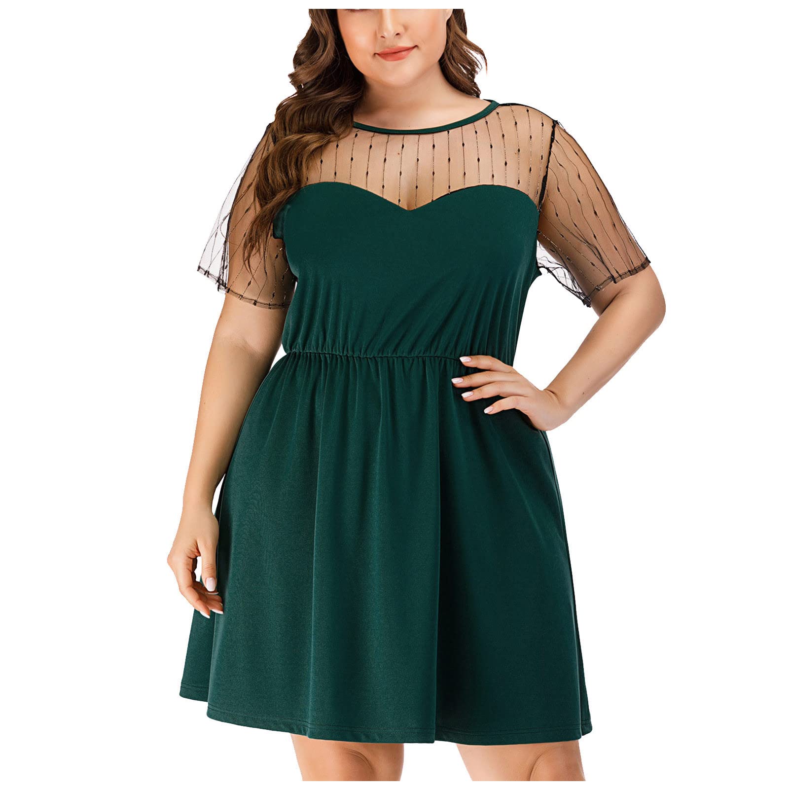 Plus Size Women's Fit & Flared Mini Dress with Regular Sleeves - Pleated Swing Summer Dress with Contrast Lace Detail | Perfect for Parties, Weddings & Summer Outings