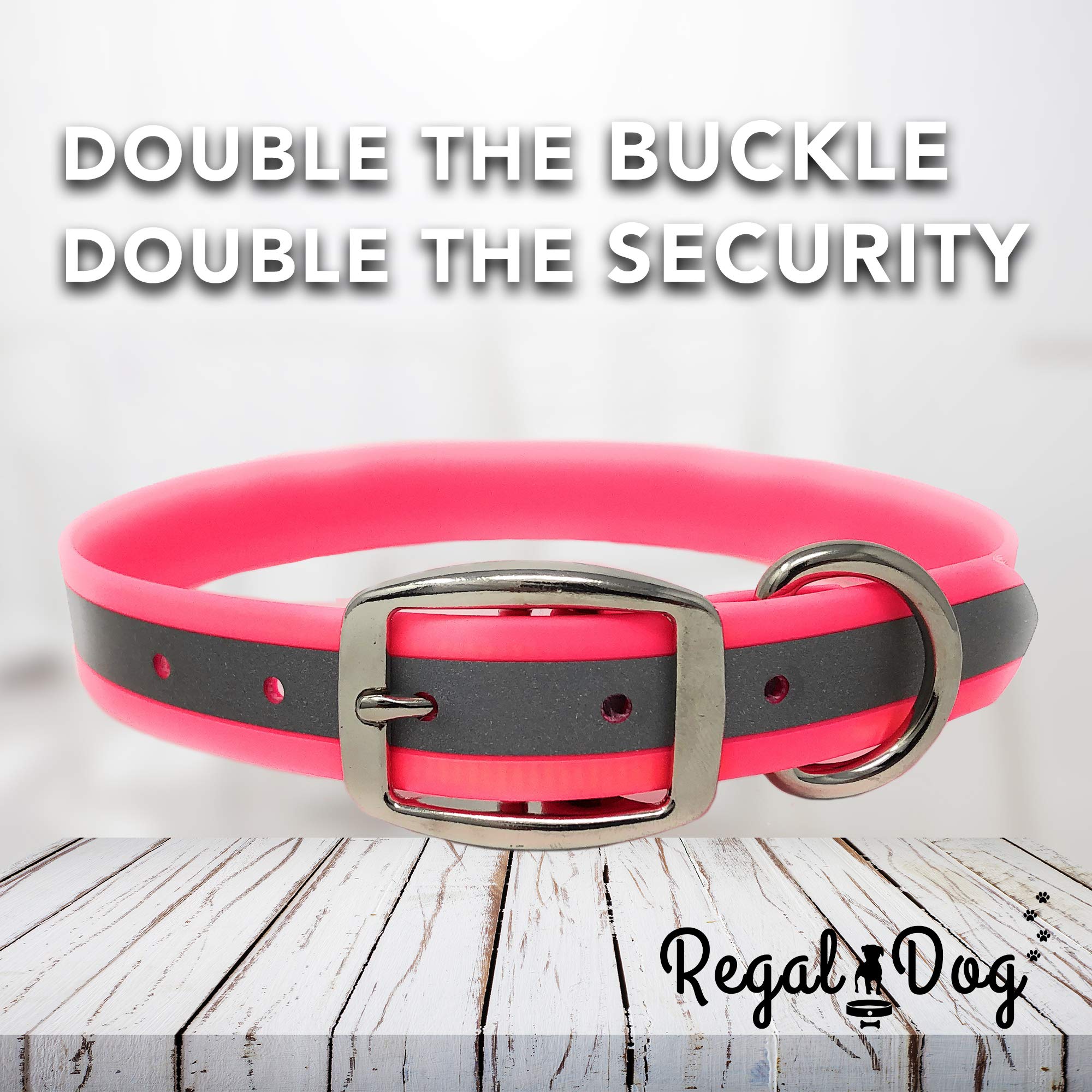 Regal Dog Products Medium Pink Reflective Dog Collar and Leash Set - Waterproof Biothane Dog Collar with Heavy Duty Double Buckle, D Ring & 5ft Leash - Perfect for Medium & Large Dogs - Ideal for Night Walks, Outdoor Adventures and Training Sessions