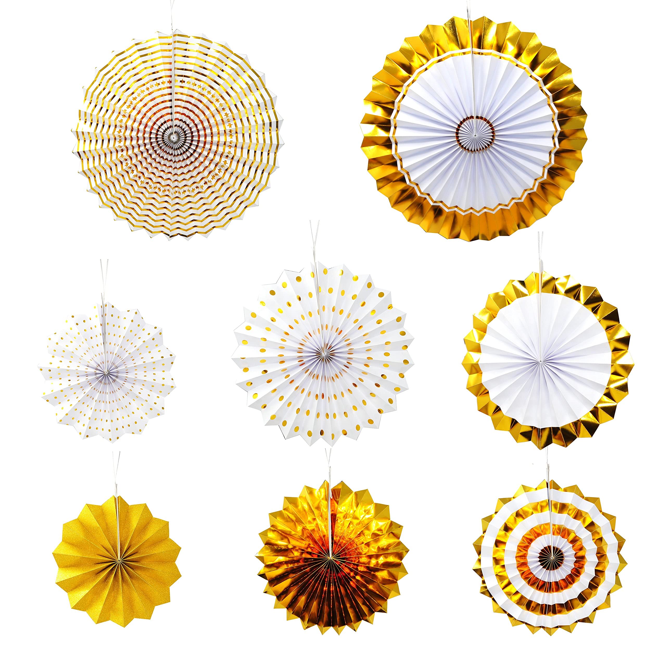 Mandala Crafts Hanging Paper Fans - 8 Pack Round Decorative Gold Fans for Wedding, Graduation, Birthday Party & Classroom Decorations | Perfect for Boho Home Decor, Baby Shower Backdrops & Festival Wall Hangings